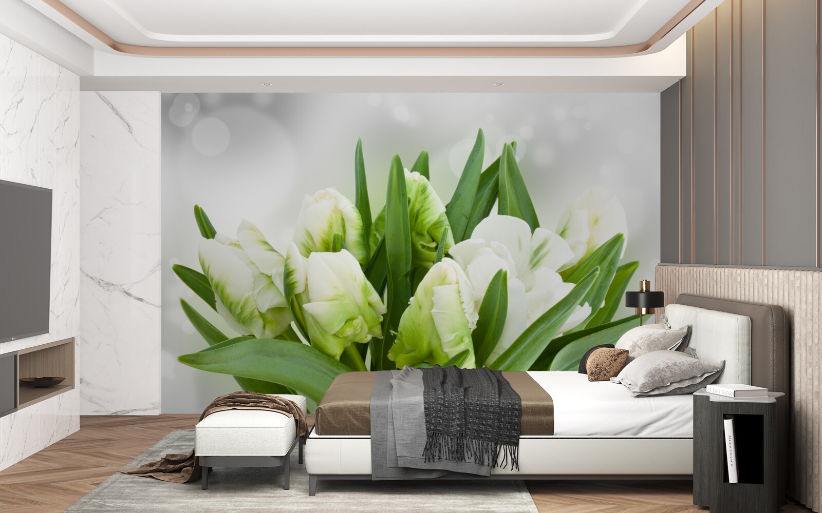 Fotobehang compositie van tulpen in witte en groene tinten