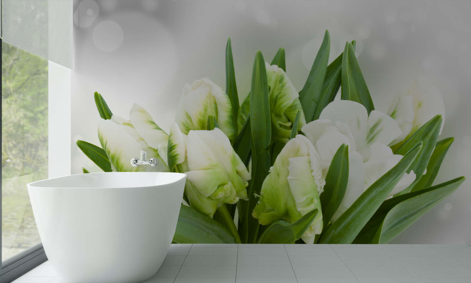 Fotobehang compositie van tulpen in witte en groene tinten