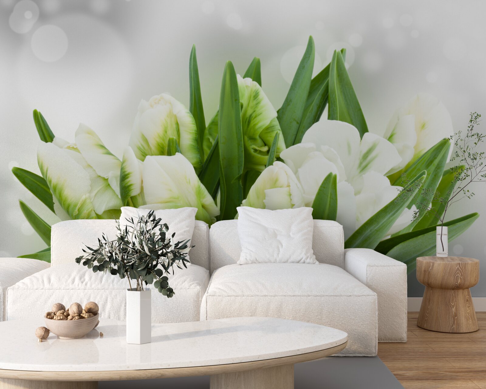 Fotobehang compositie van tulpen in witte en groene tinten