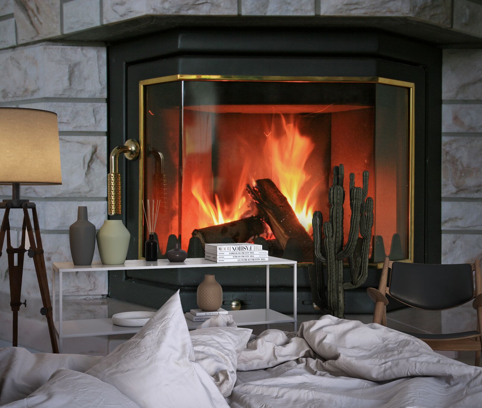 Fotobehang open haard in een stenen muur