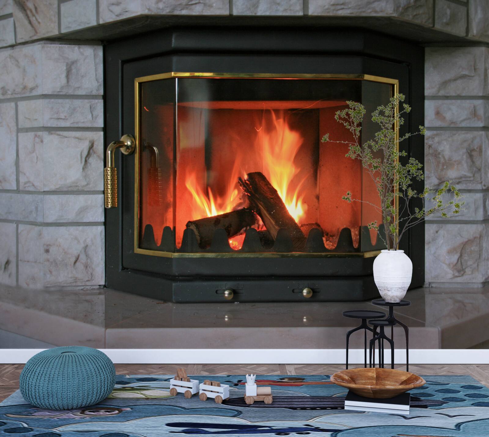 Fotobehang open haard in een stenen muur