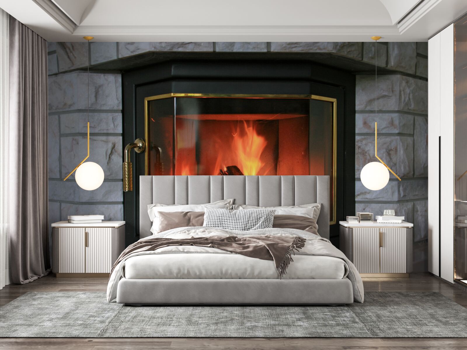 Fotobehang open haard in een stenen muur