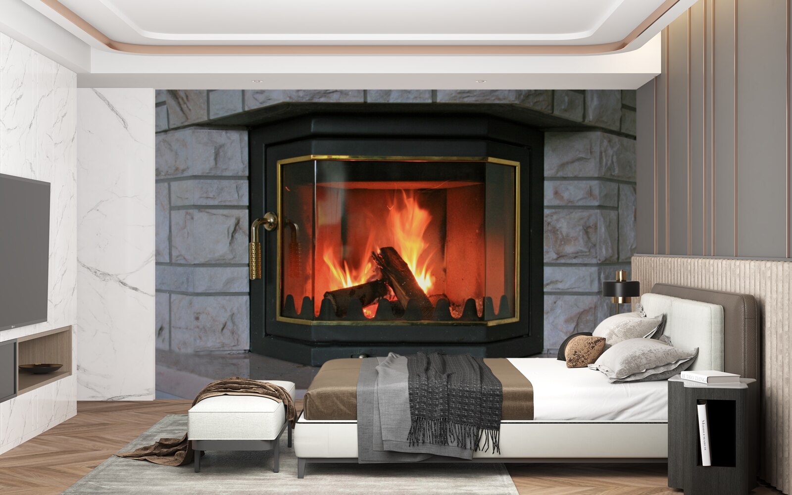 Fotobehang open haard in een stenen muur