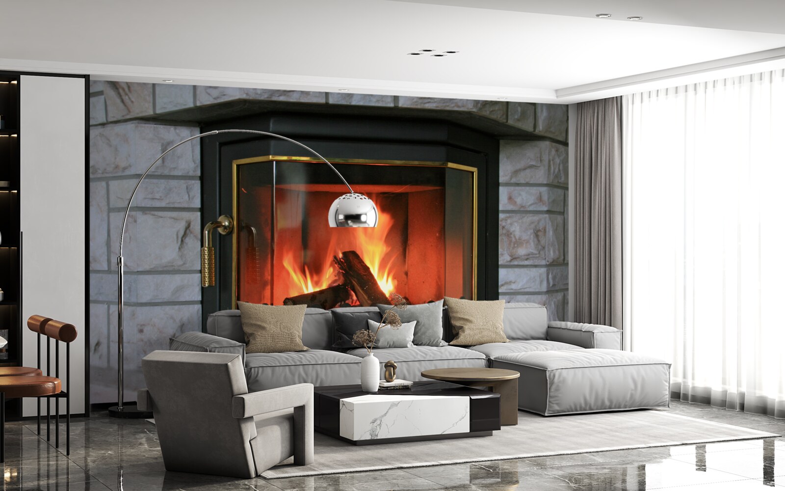 Fotobehang open haard in een stenen muur