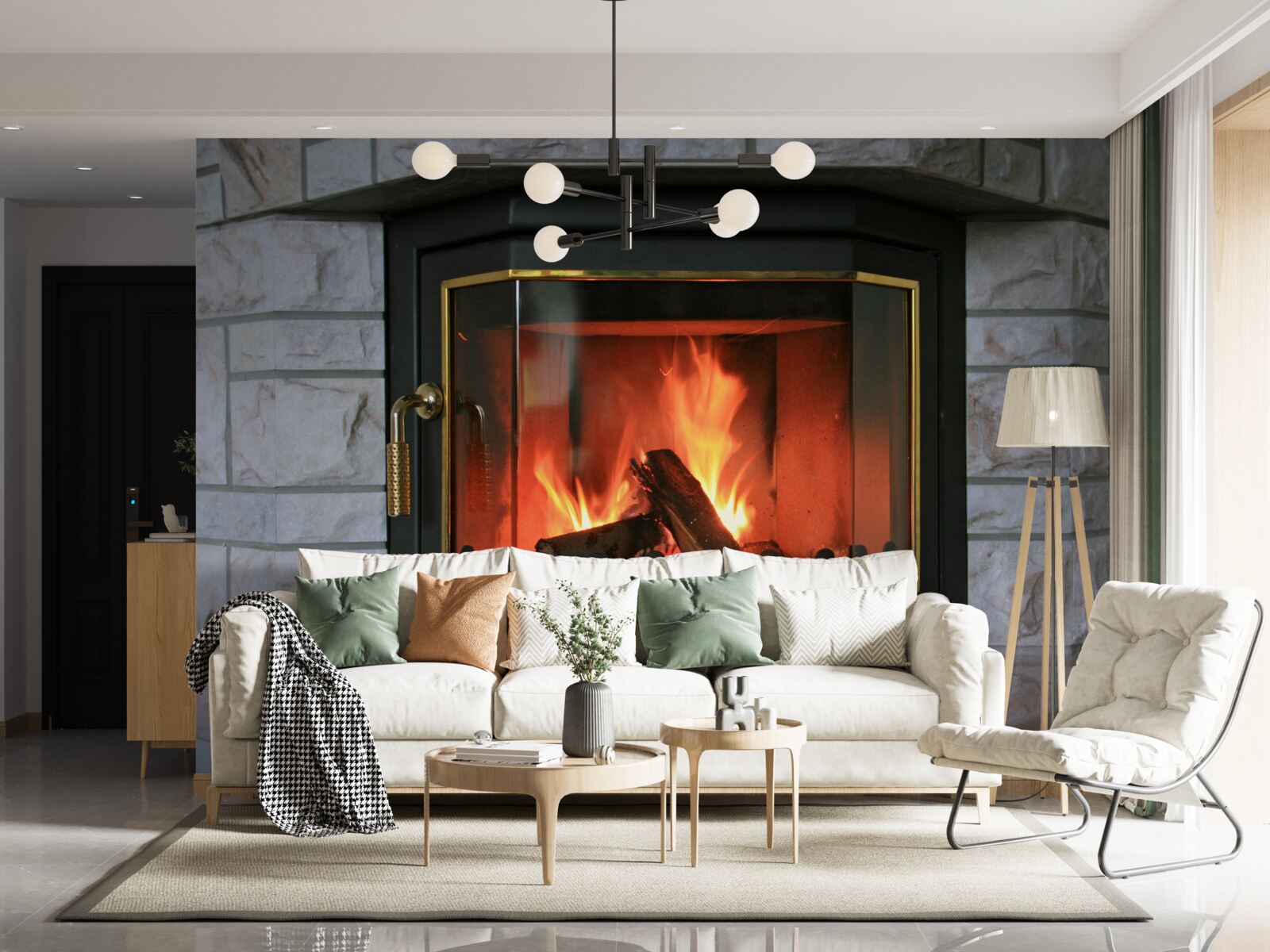 Fotobehang open haard in een stenen muur