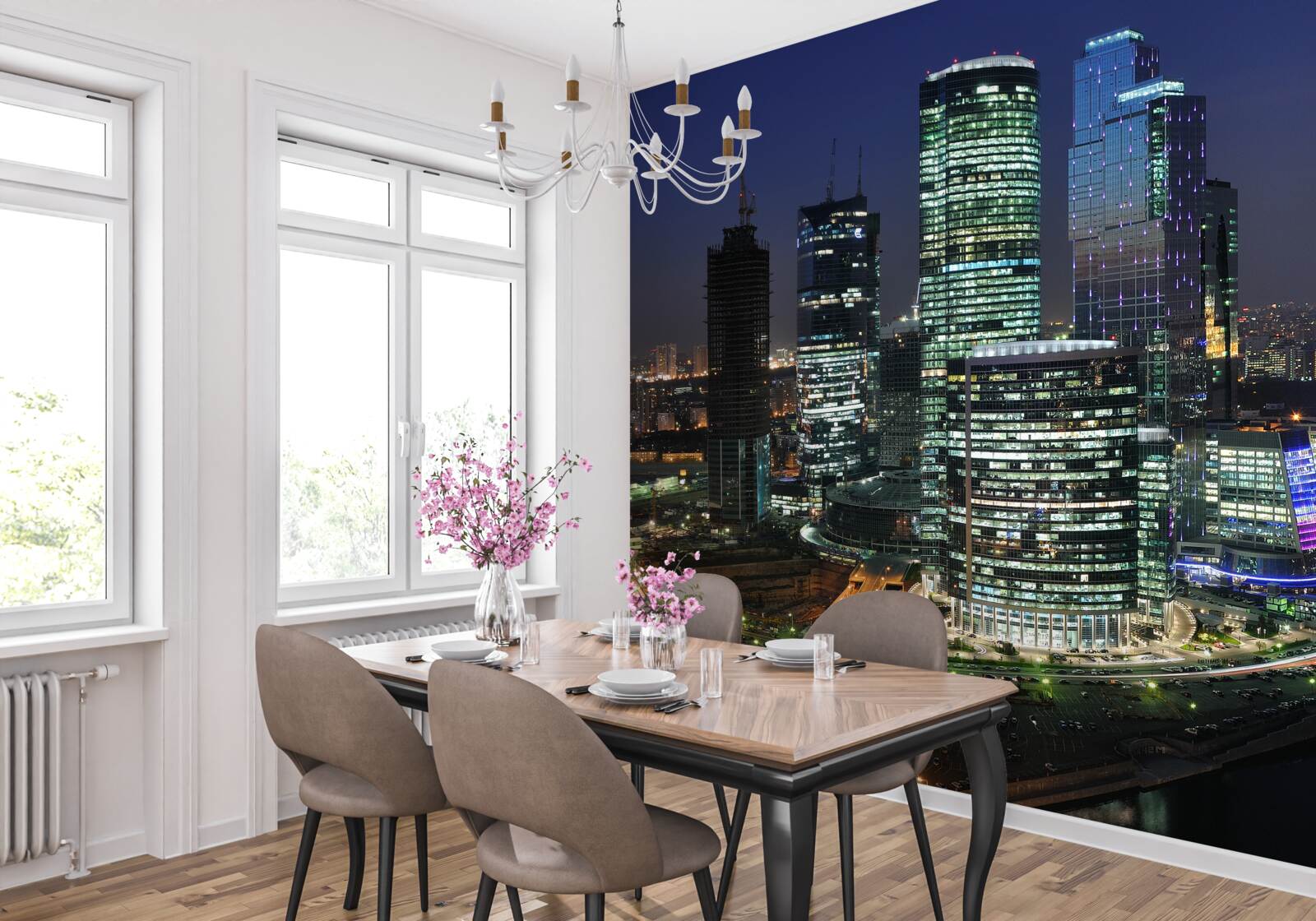 Fotobehang stedelijke wolkenkrabbers verlicht door lichten