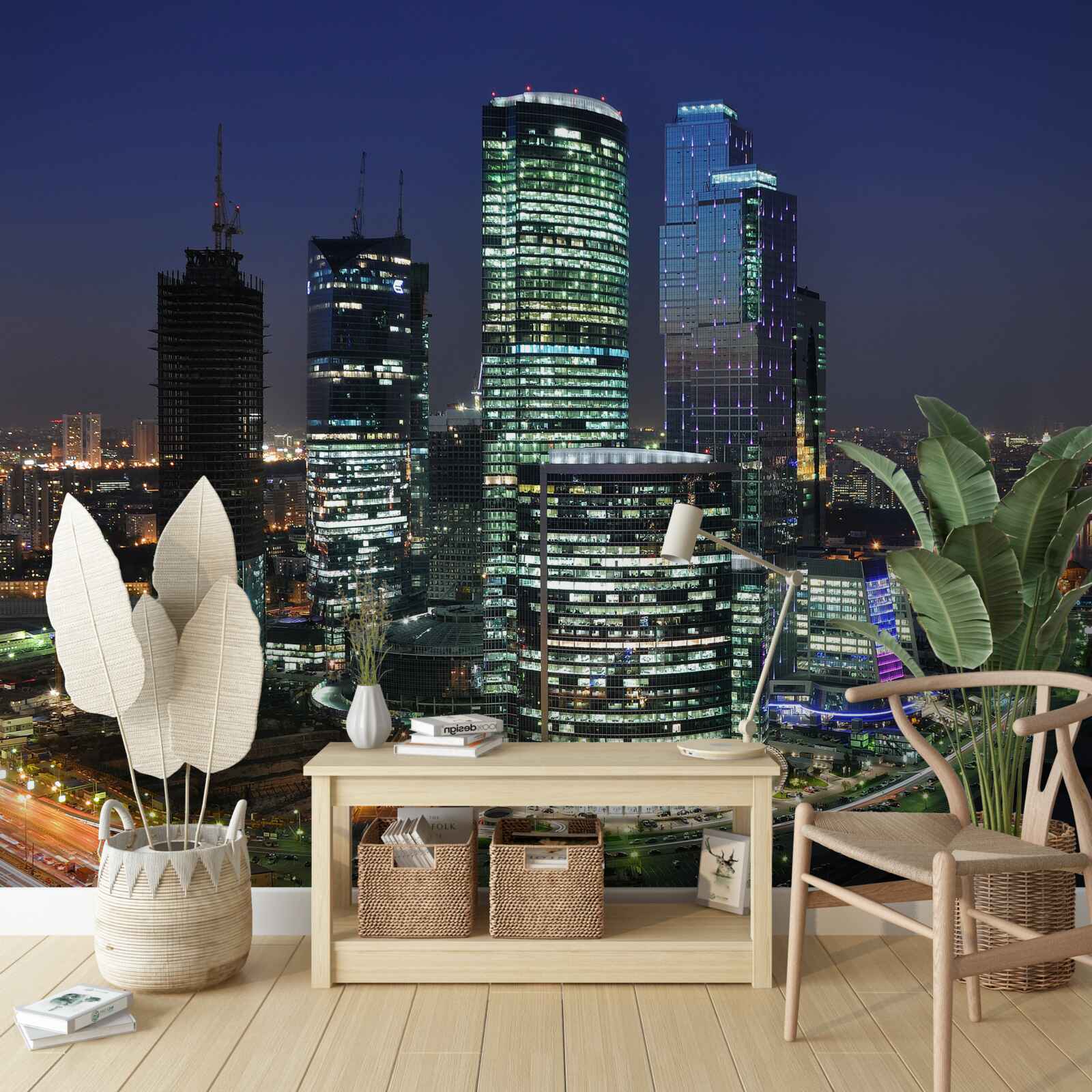 Fotobehang stedelijke wolkenkrabbers verlicht door lichten