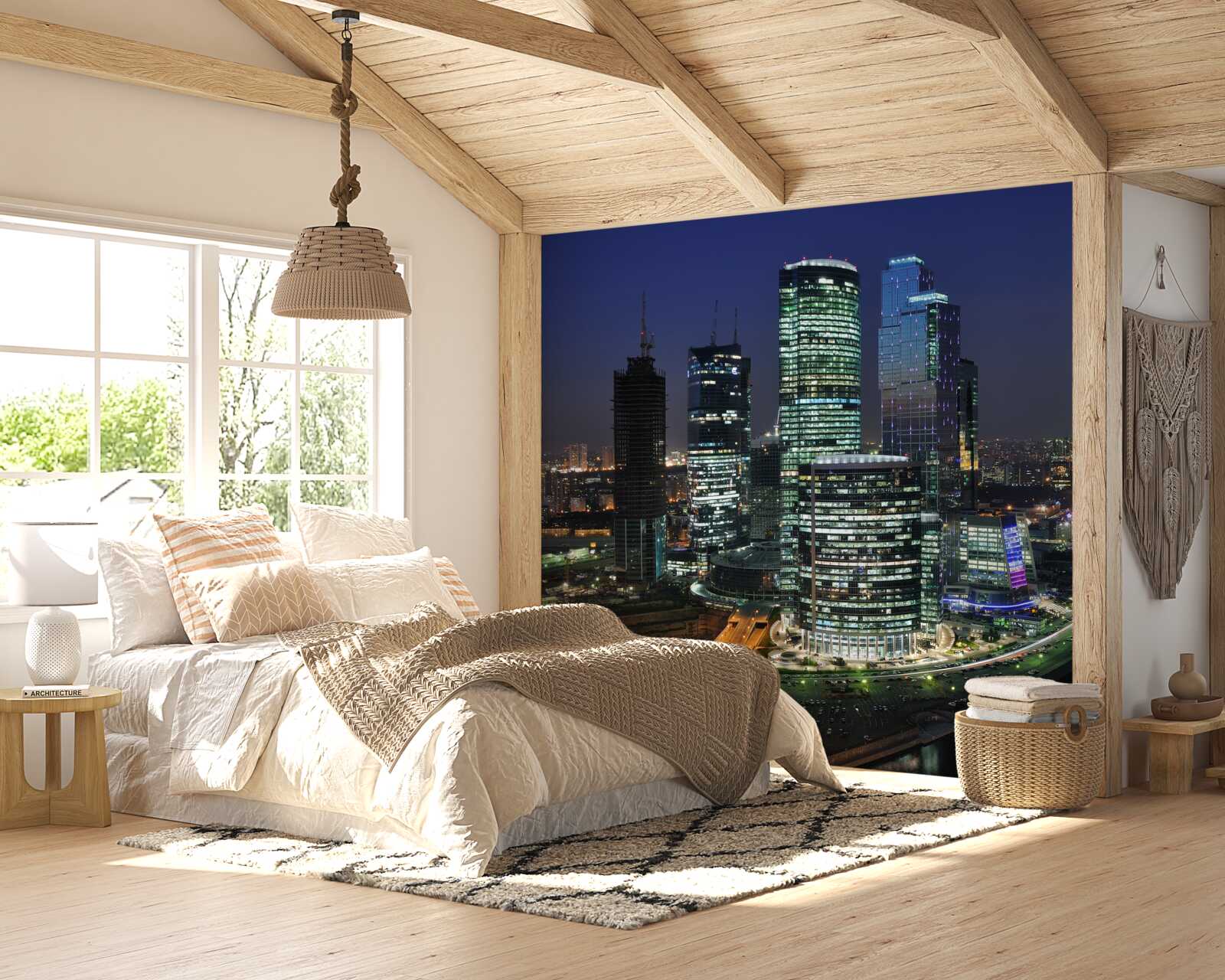 Fotobehang stedelijke wolkenkrabbers verlicht door lichten