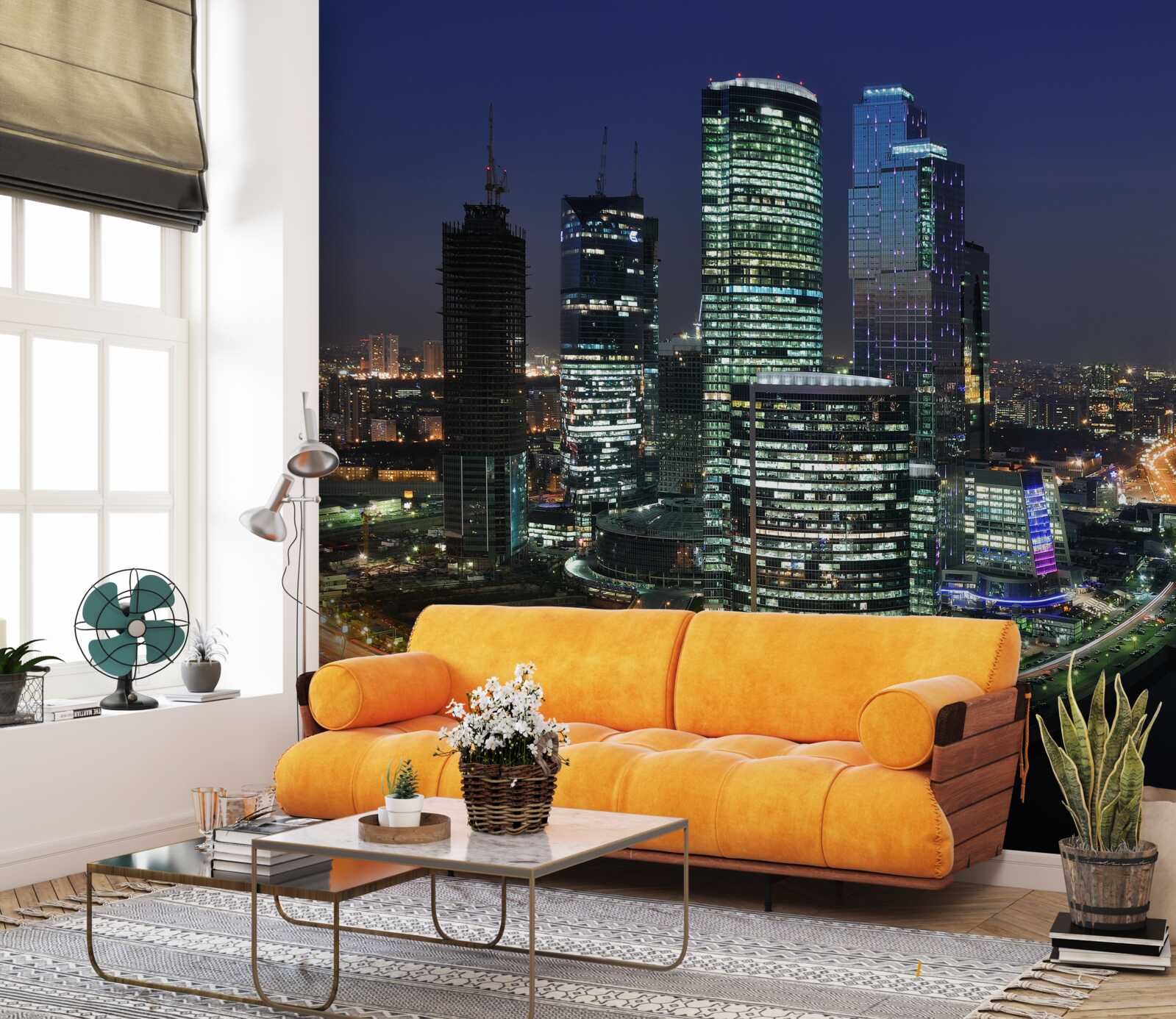 Fotobehang stedelijke wolkenkrabbers verlicht door lichten