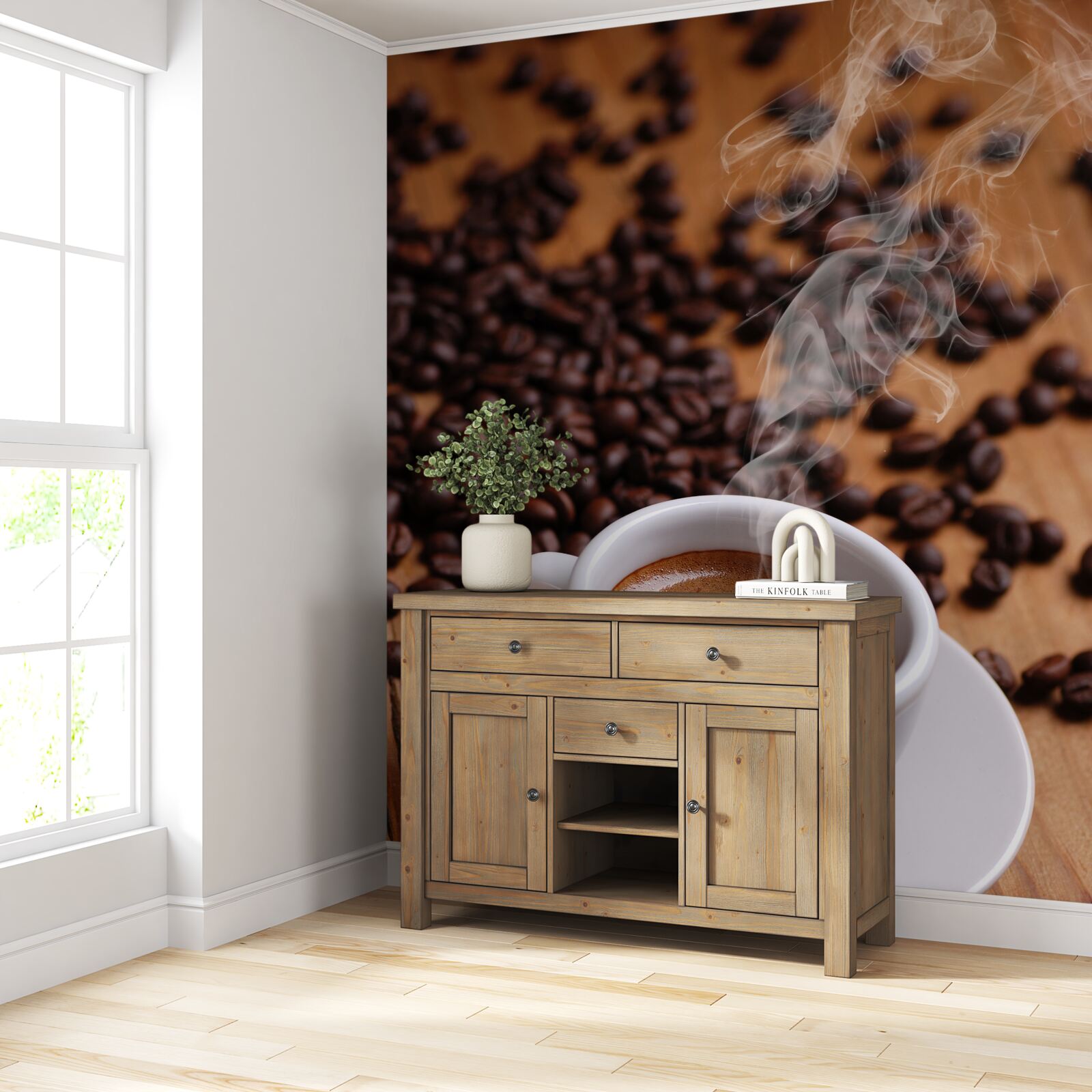 Fotobehang kopje koffie met aroma-emitterende bonen