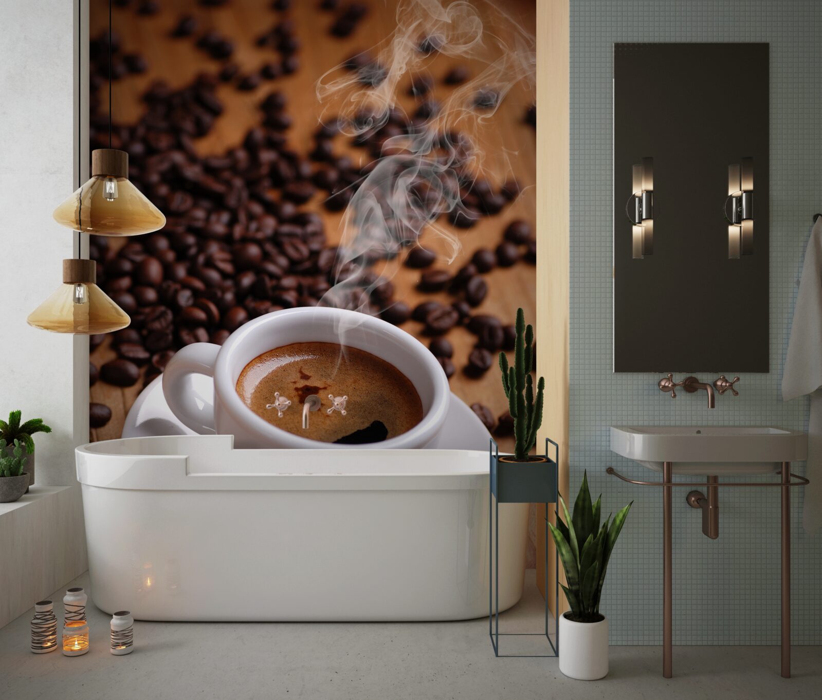 Fotobehang kopje koffie met aroma-emitterende bonen