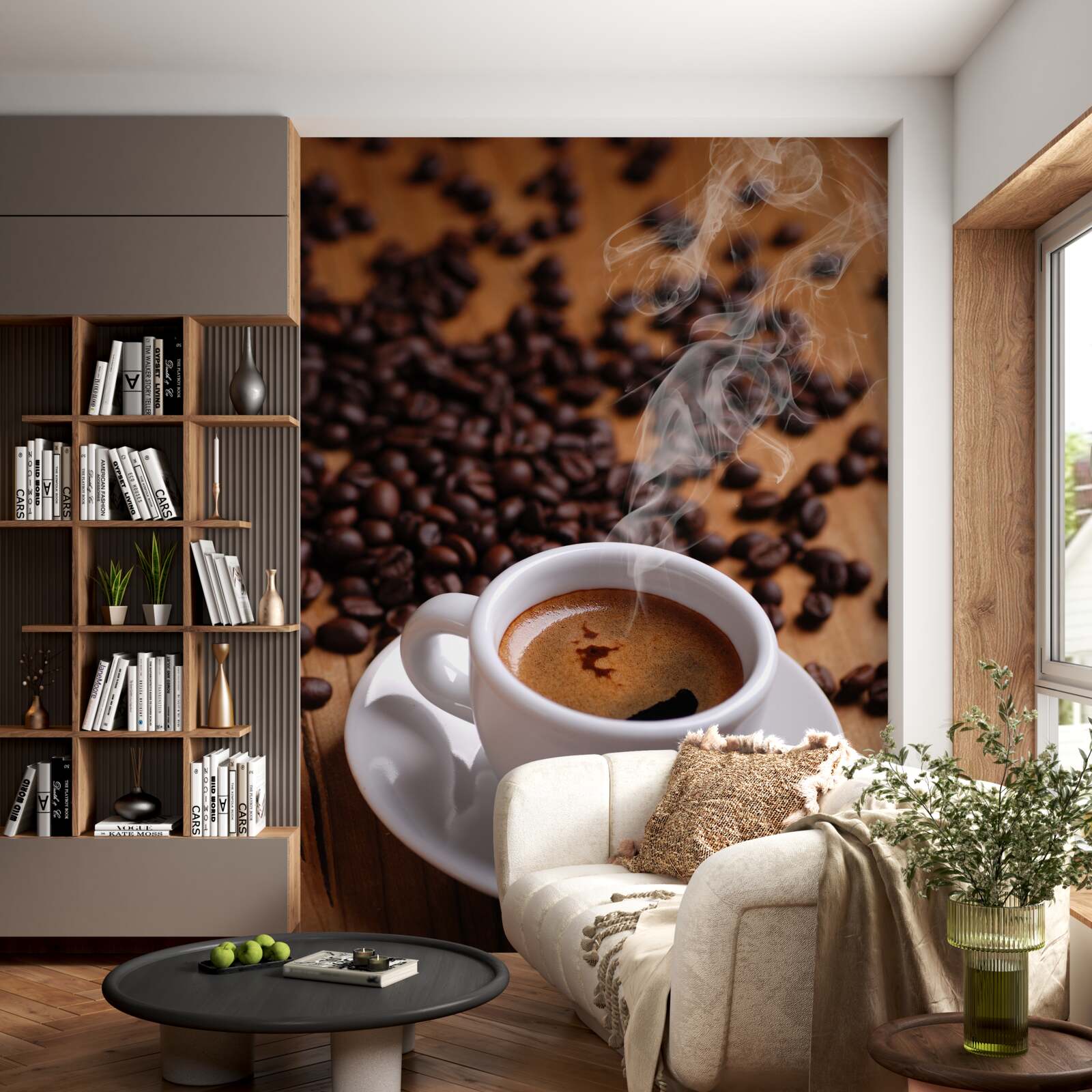 Fotobehang kopje koffie met aroma-emitterende bonen
