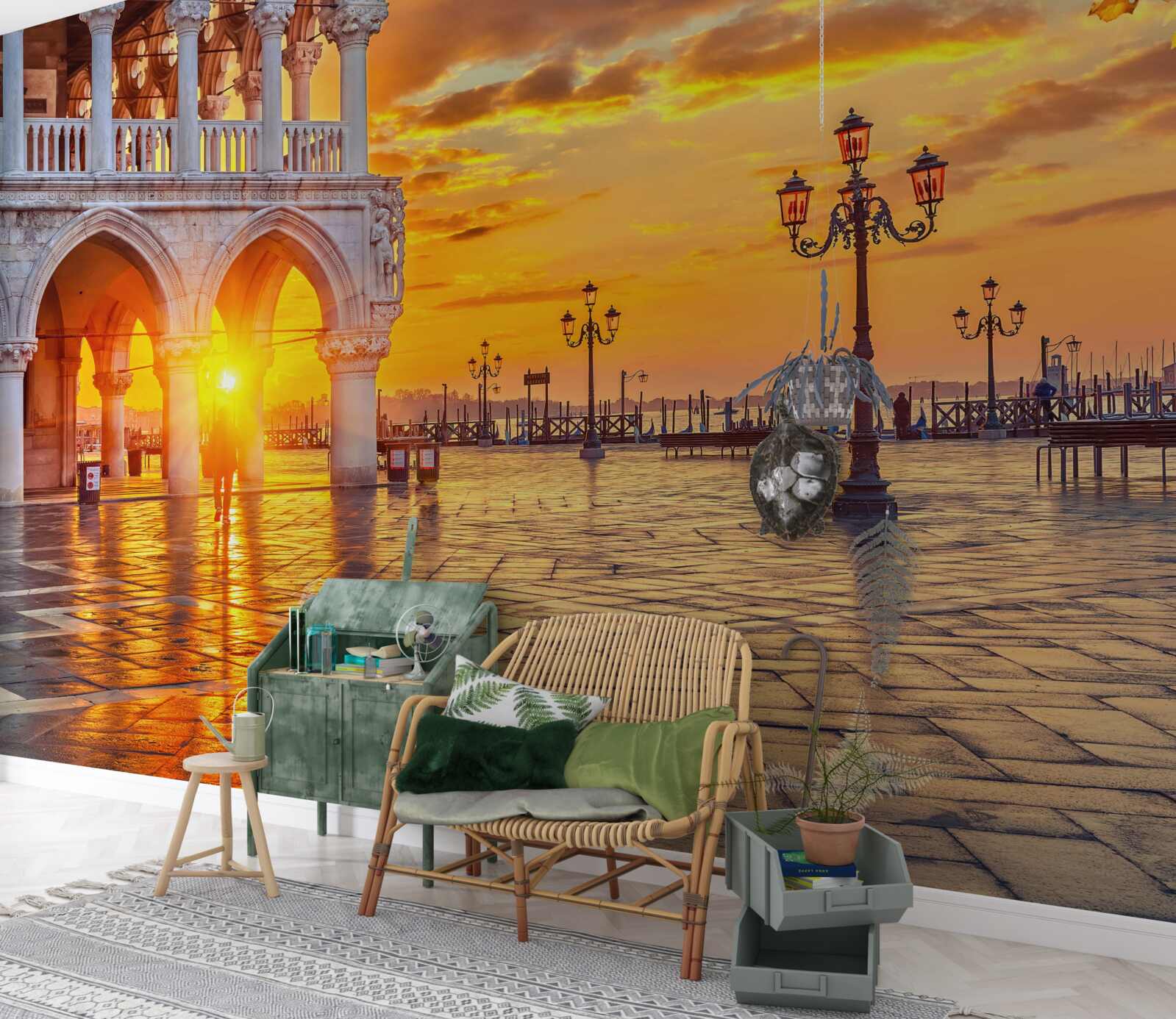 Fotobehang warme, heldere stralen van de zonsondergang boven het centrale plein