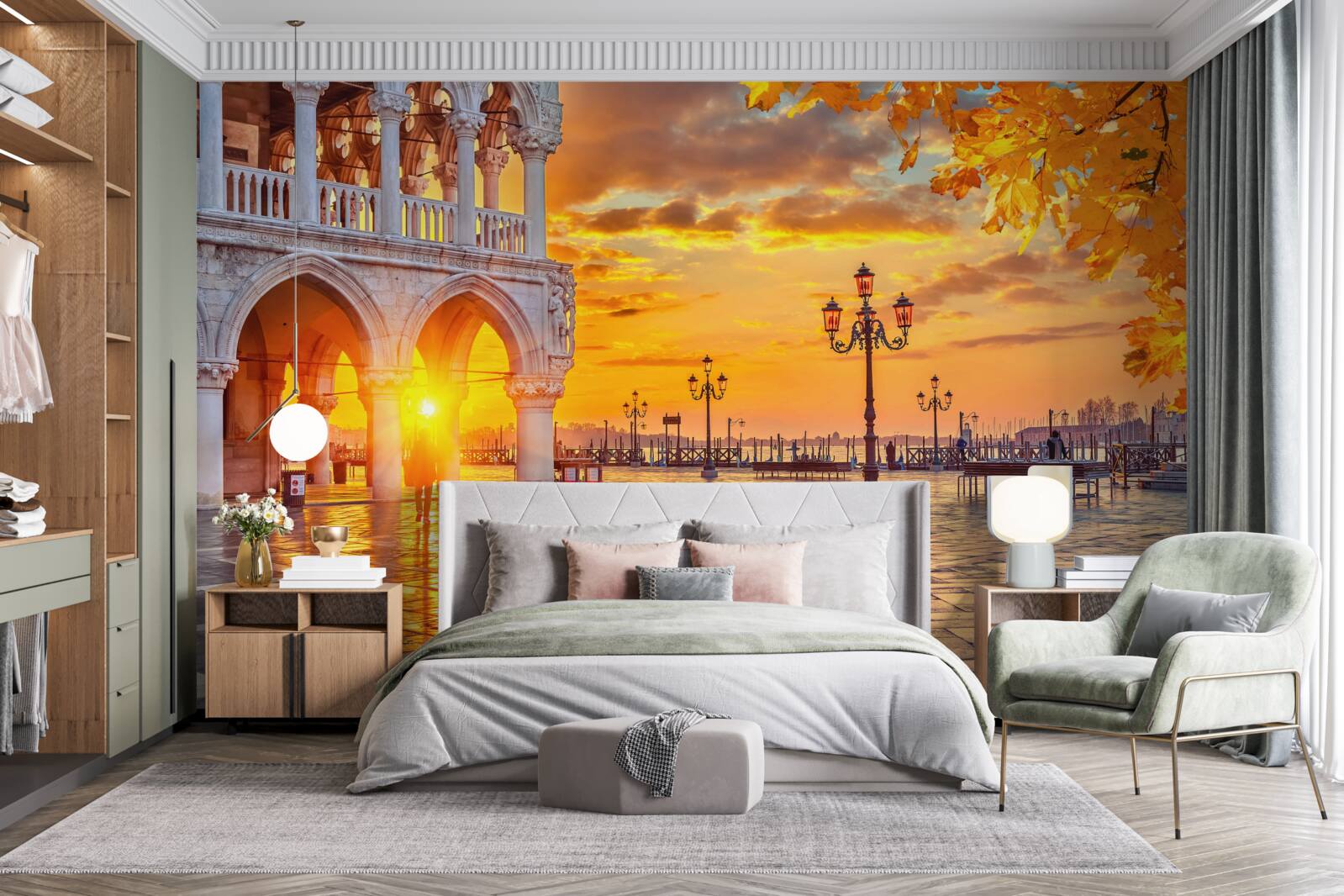 Fotobehang warme, heldere stralen van de zonsondergang boven het centrale plein