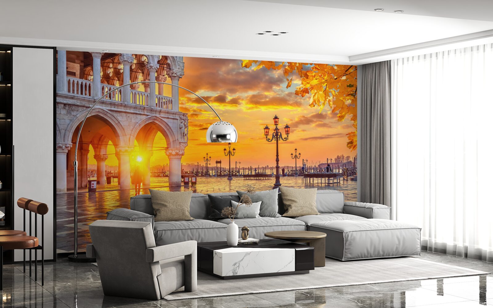 Fotobehang warme, heldere stralen van de zonsondergang boven het centrale plein