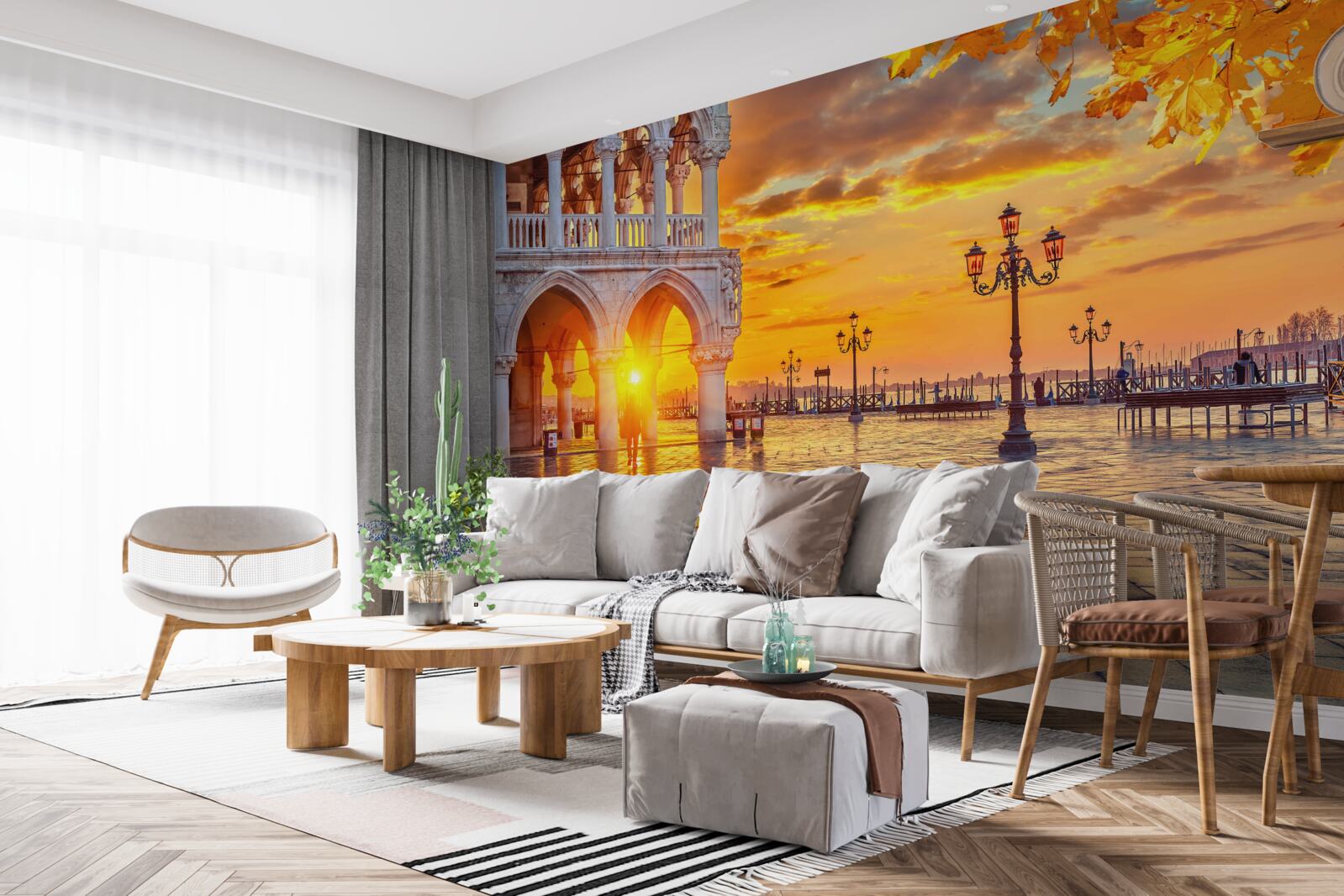 Fotobehang warme, heldere stralen van de zonsondergang boven het centrale plein