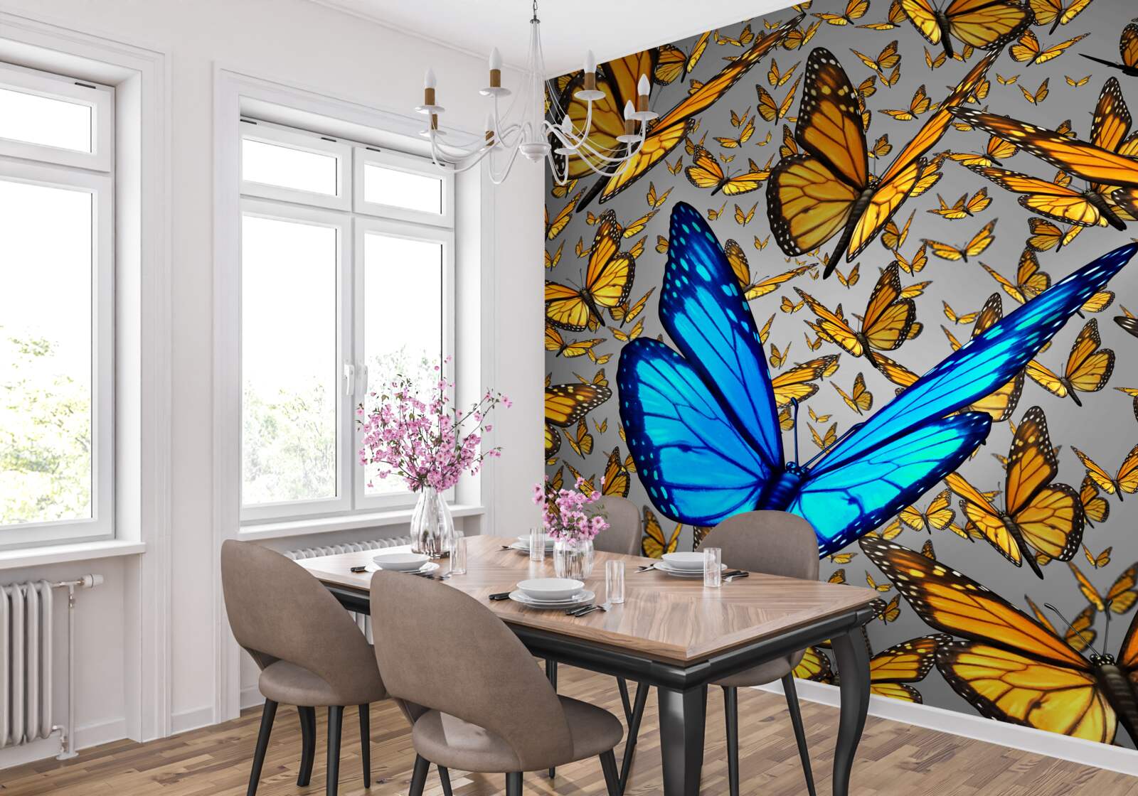 Fotobehang de blauwe vlinder onderscheidt zich duidelijk van de gele