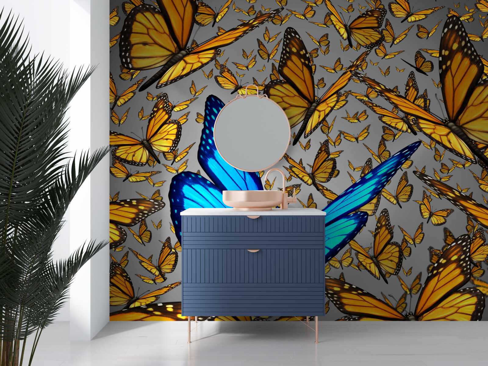 Fotobehang de blauwe vlinder onderscheidt zich duidelijk van de gele