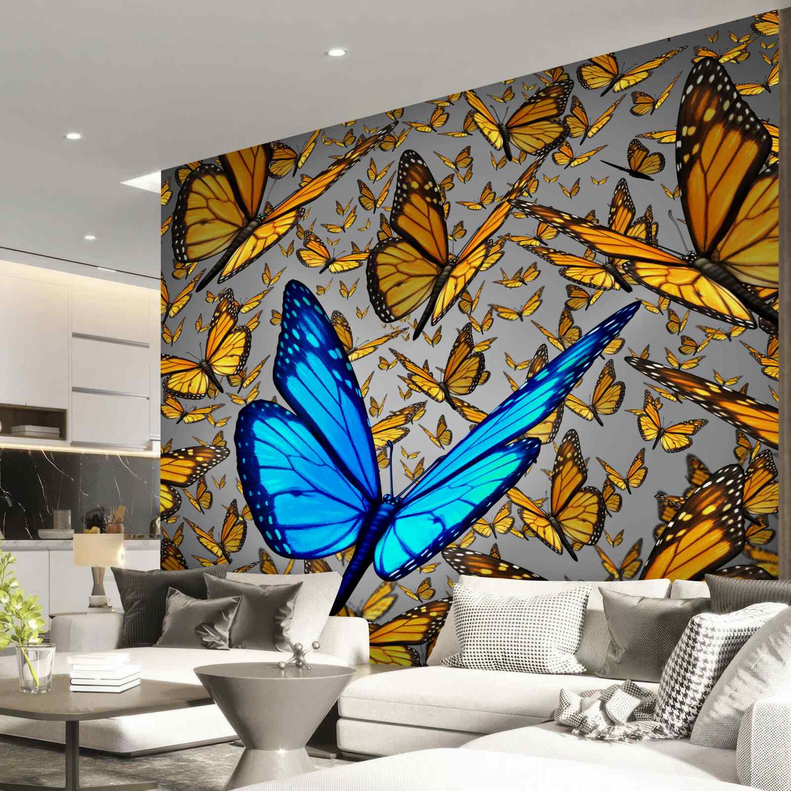 Fotobehang de blauwe vlinder onderscheidt zich duidelijk van de gele