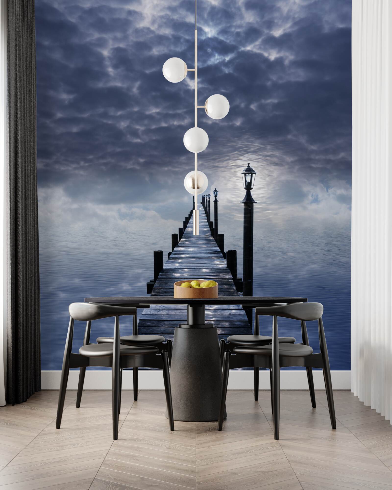 Fotobehang houten brug die boven het wateroppervlak uitsteekt