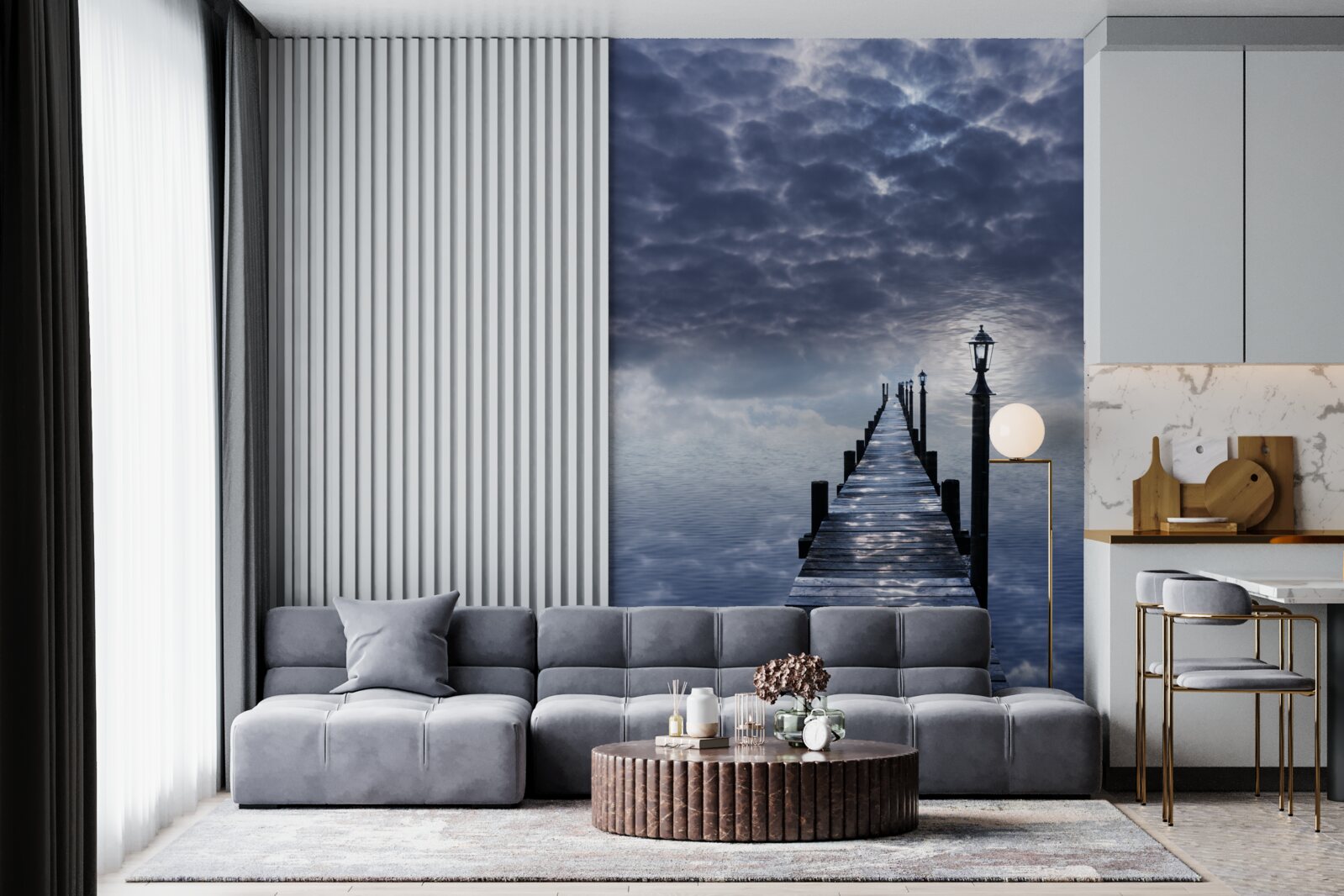 Fotobehang houten brug die boven het wateroppervlak uitsteekt