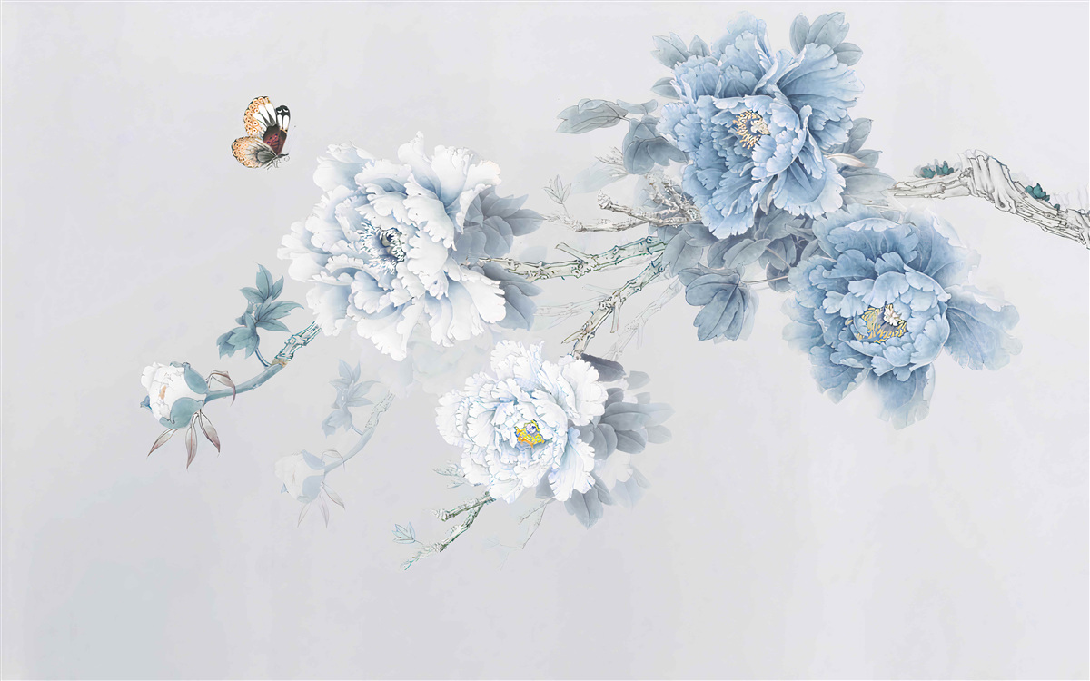 Fotobehang een vlinder zit bij de takken van bloeiende bloemen