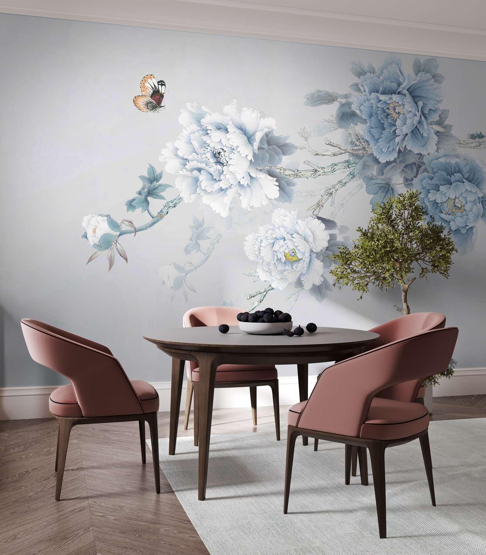 Fotobehang een vlinder zit bij de takken van bloeiende bloemen