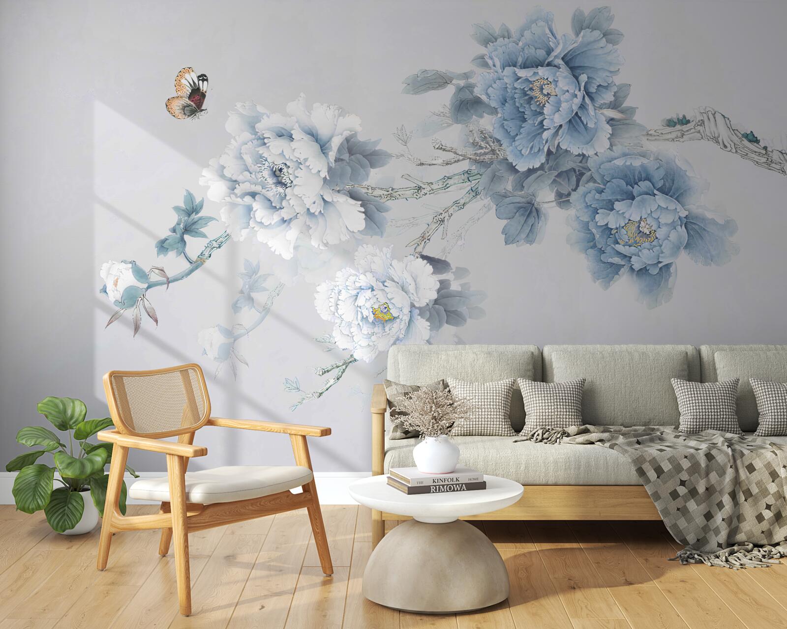 Fotobehang een vlinder zit bij de takken van bloeiende bloemen