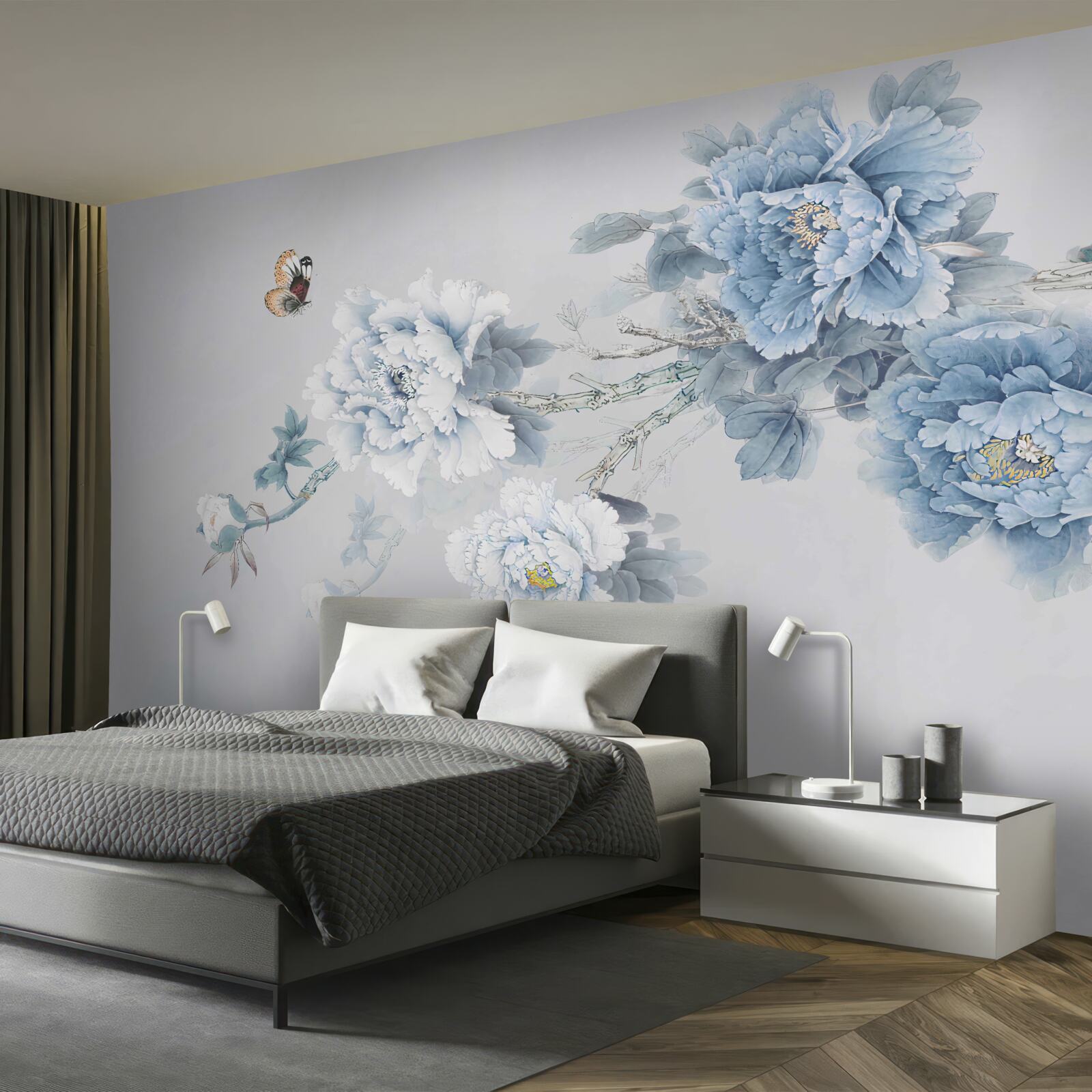 Fotobehang een vlinder zit bij de takken van bloeiende bloemen