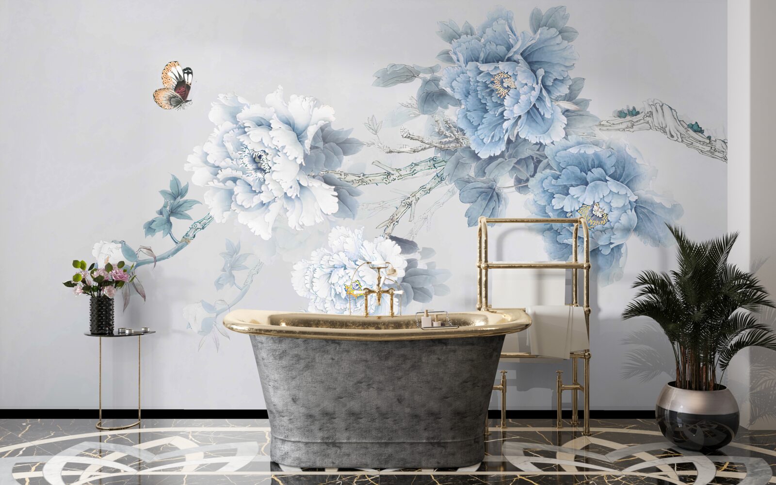 Fotobehang een vlinder zit bij de takken van bloeiende bloemen