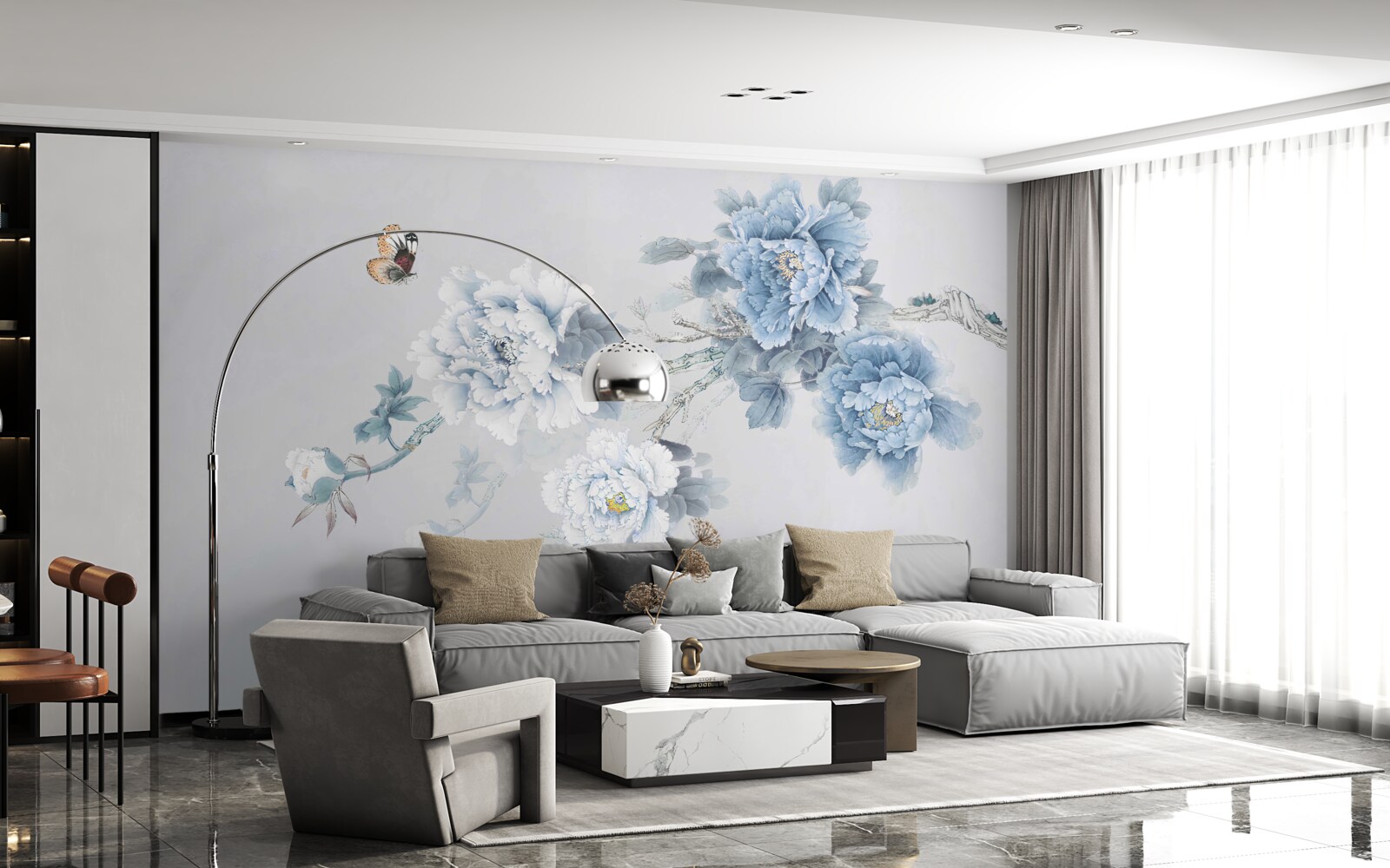 Fotobehang een vlinder zit bij de takken van bloeiende bloemen