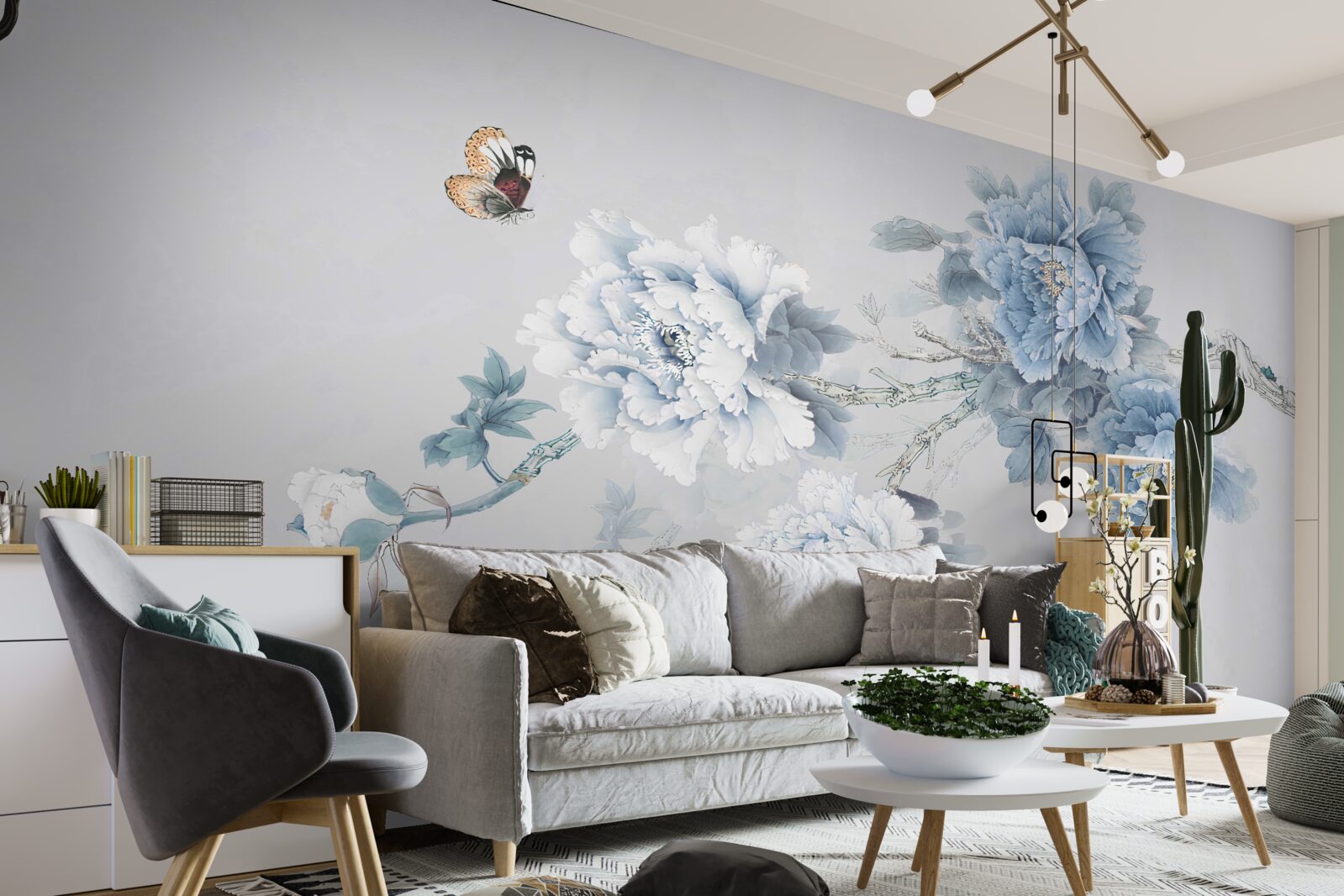 Fotobehang een vlinder zit bij de takken van bloeiende bloemen