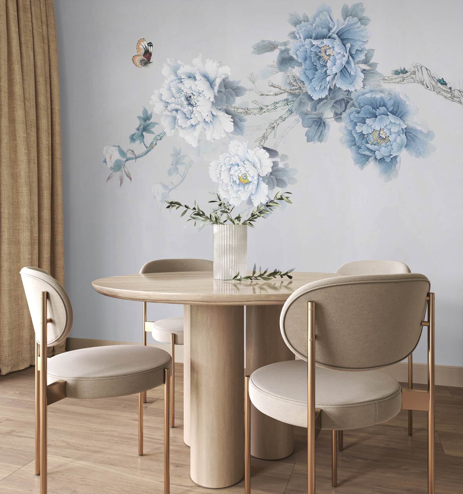 Fotobehang knoppen van witte en blauwe bloemen op een grijze achtergrond