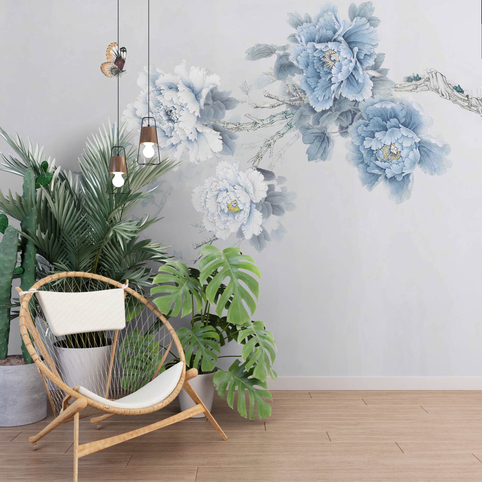 Fotobehang knoppen van witte en blauwe bloemen op een grijze achtergrond