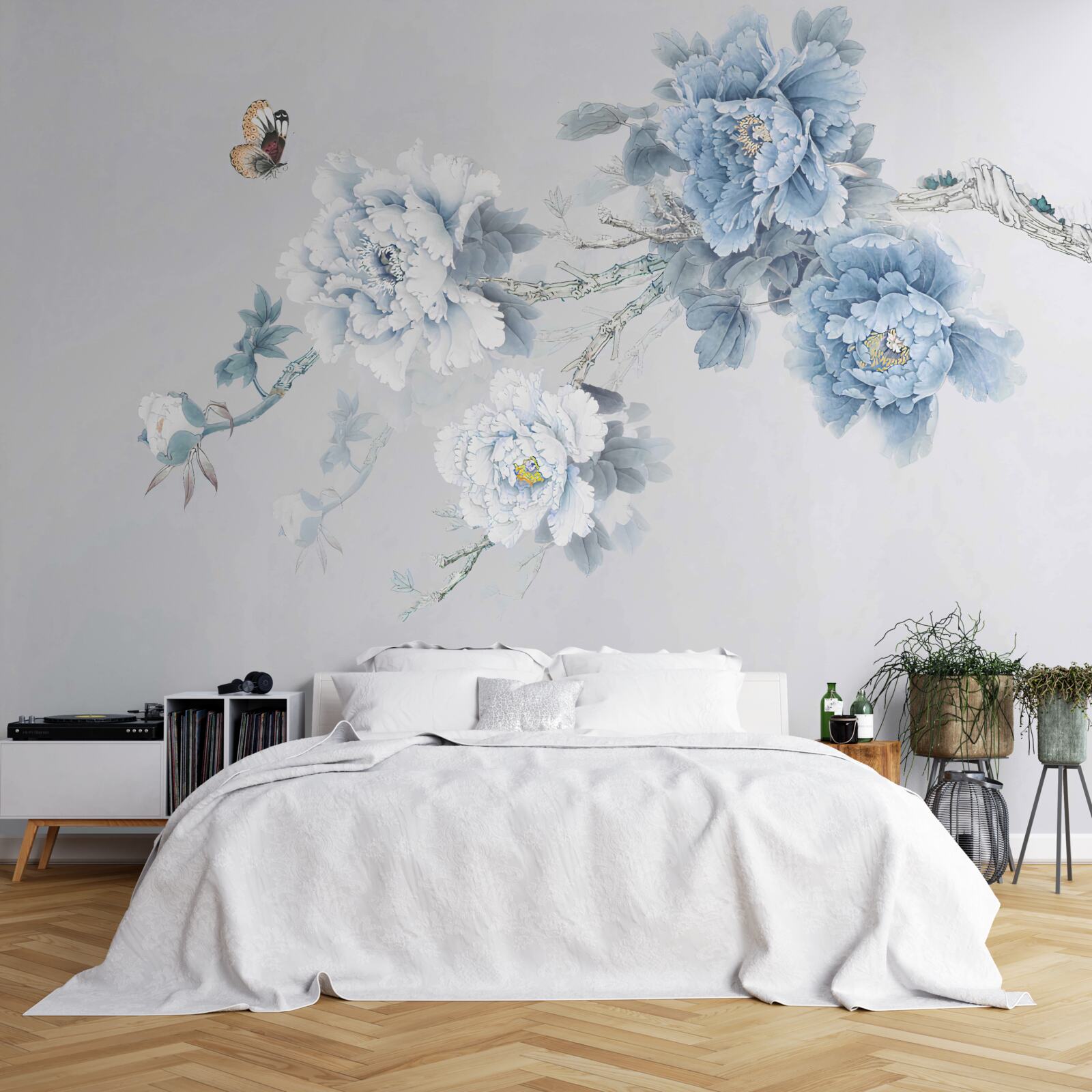 Fotobehang knoppen van witte en blauwe bloemen op een grijze achtergrond