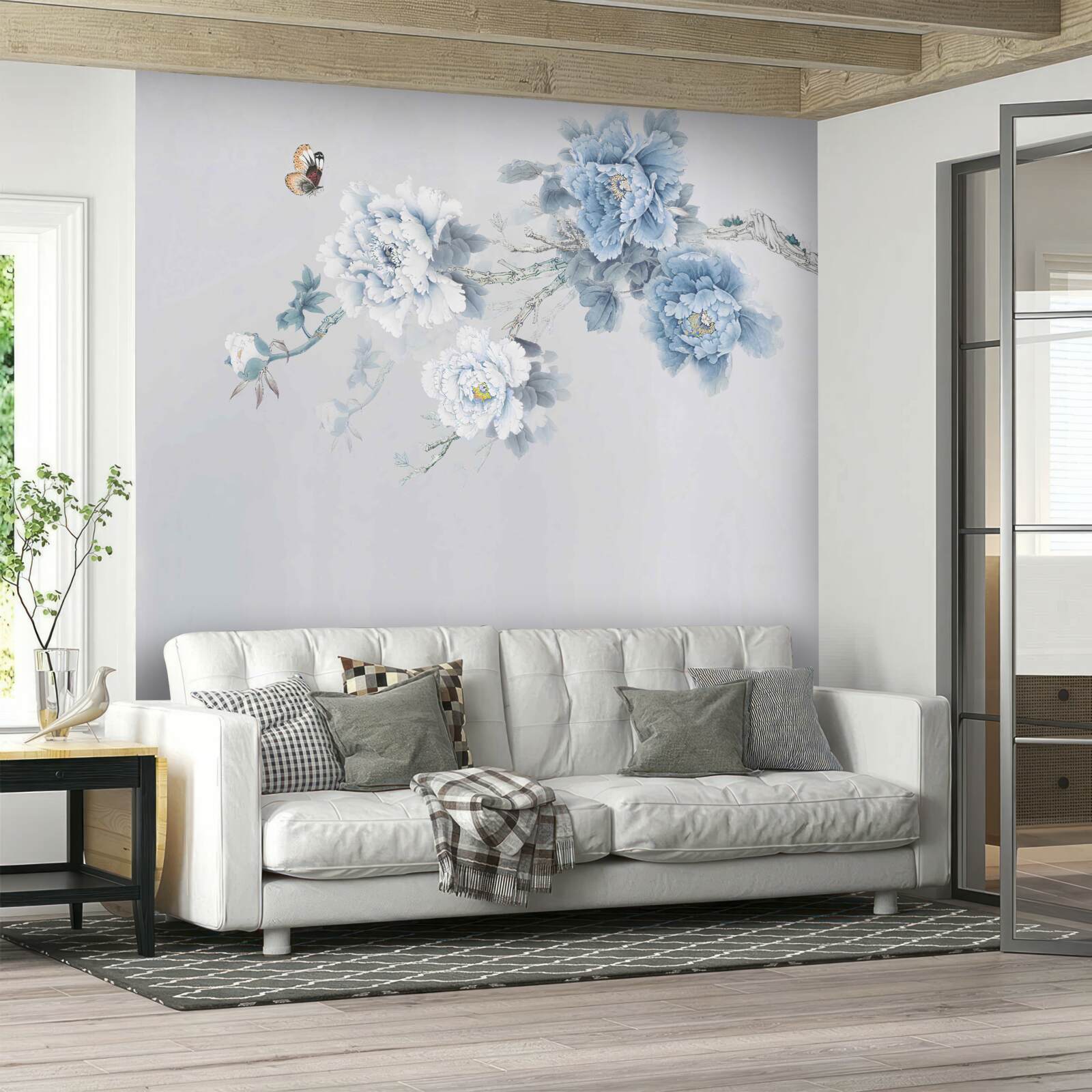 Fotobehang knoppen van witte en blauwe bloemen op een grijze achtergrond