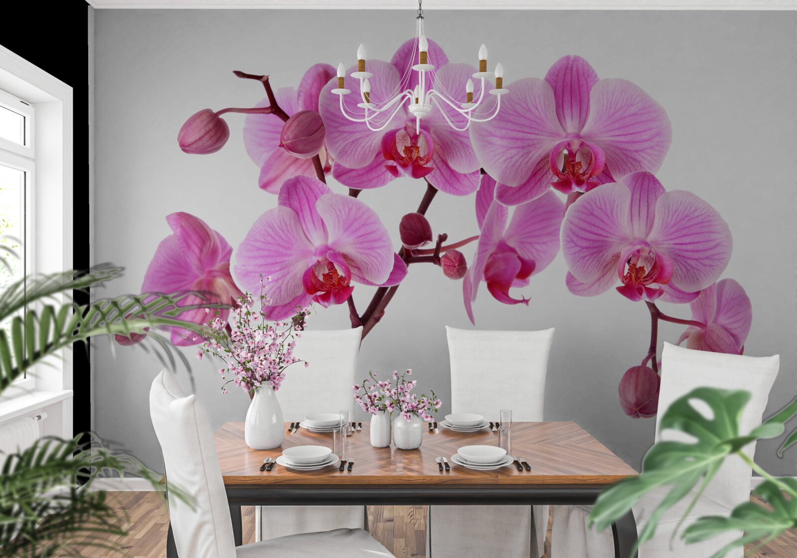 Fotobehang roze lelie op een tak op een witte achtergrond