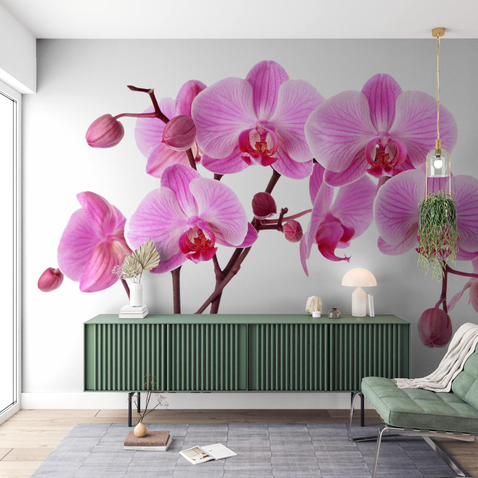 Fotobehang roze lelie op een tak op een witte achtergrond