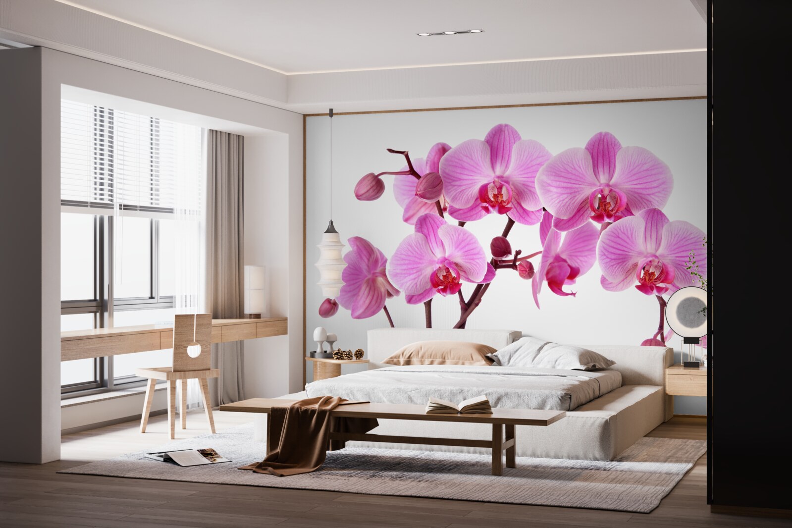 Fotobehang roze lelie op een tak op een witte achtergrond