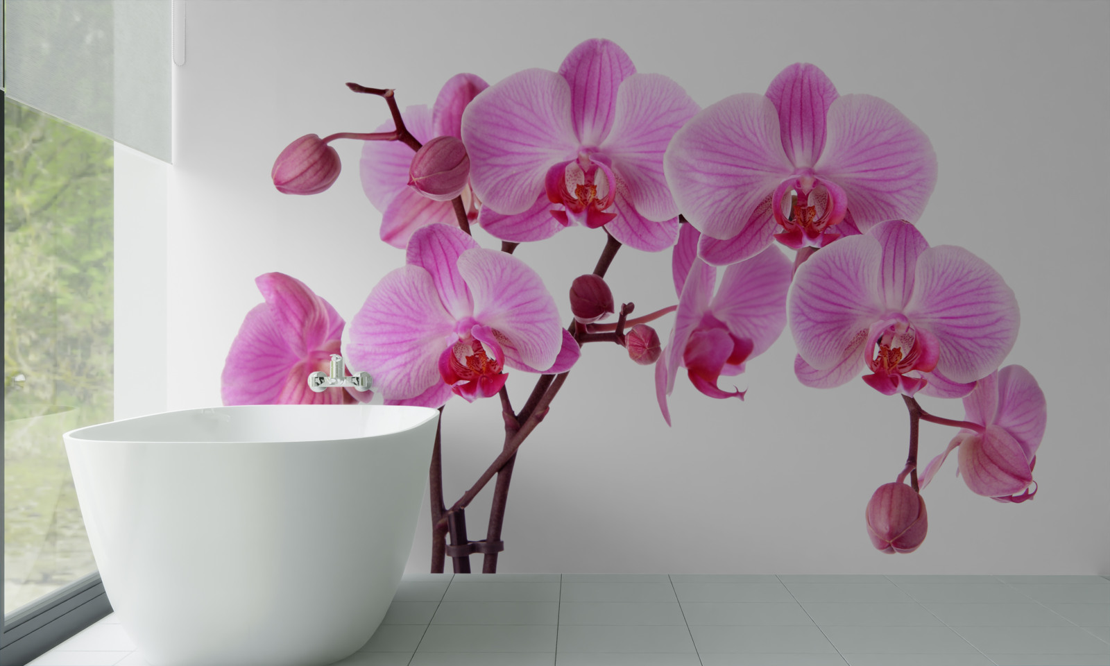 Fotobehang roze lelie op een tak op een witte achtergrond