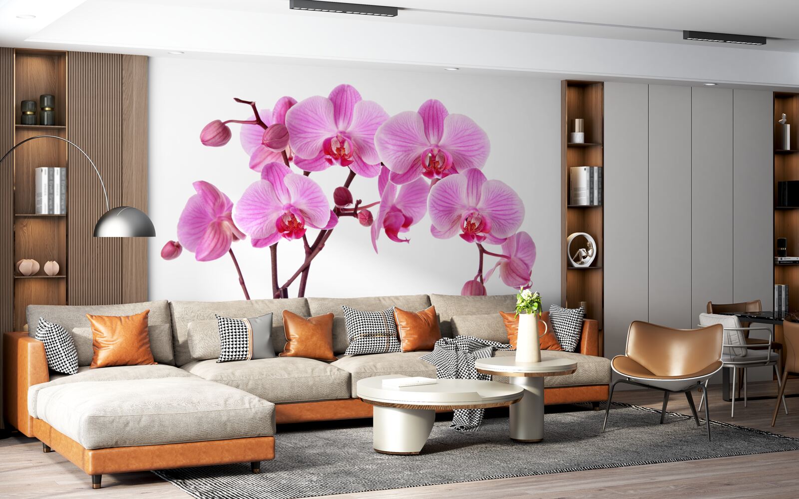 Fotobehang roze lelie op een tak op een witte achtergrond