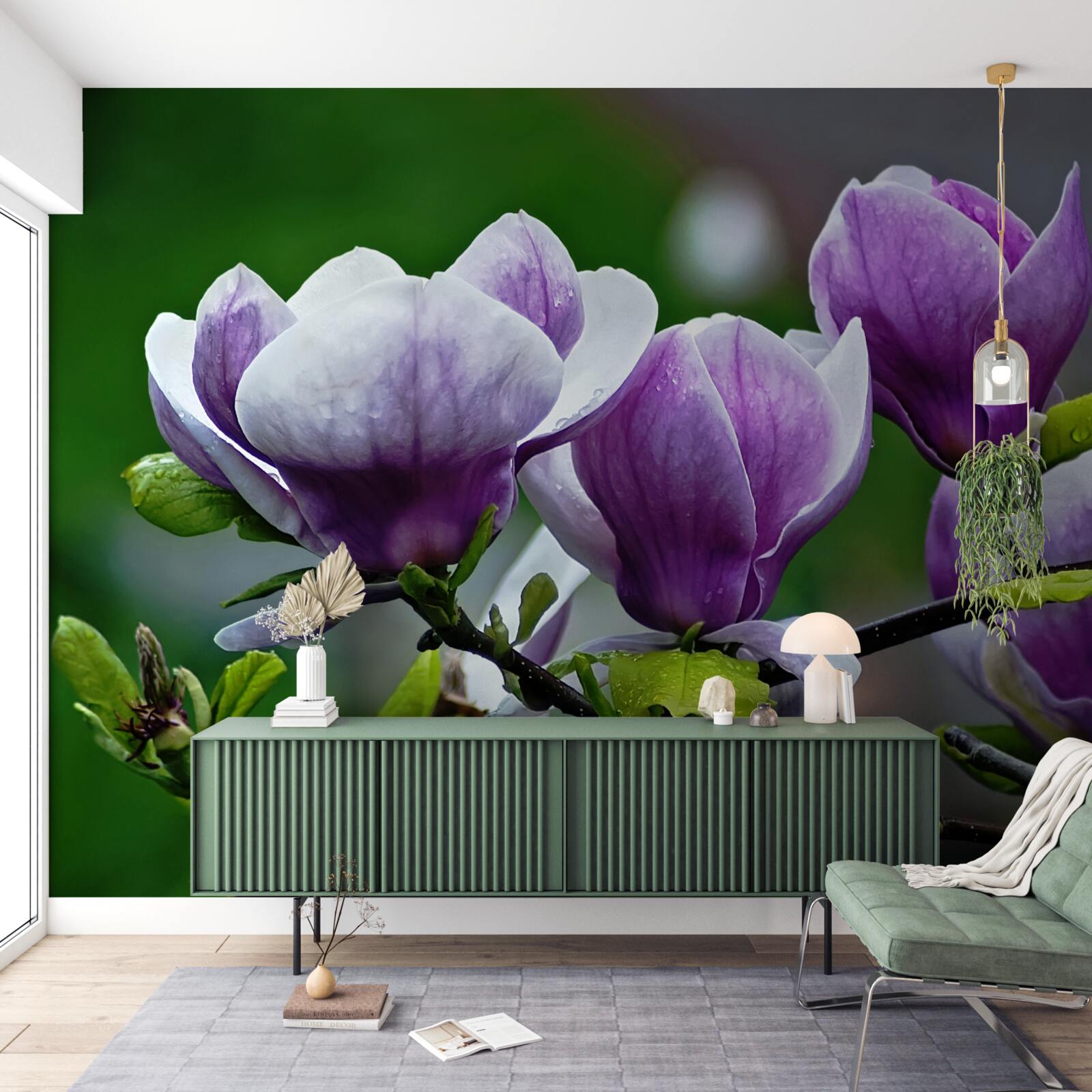 Fotobehang sierlijke bloemen op smaragdgroene stelen