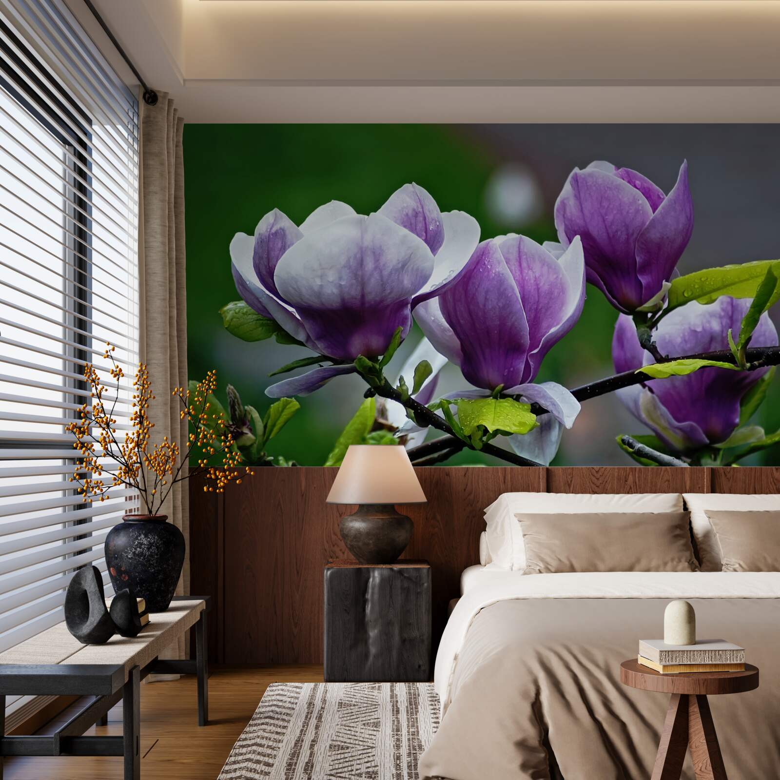 Fotobehang sierlijke bloemen op smaragdgroene stelen