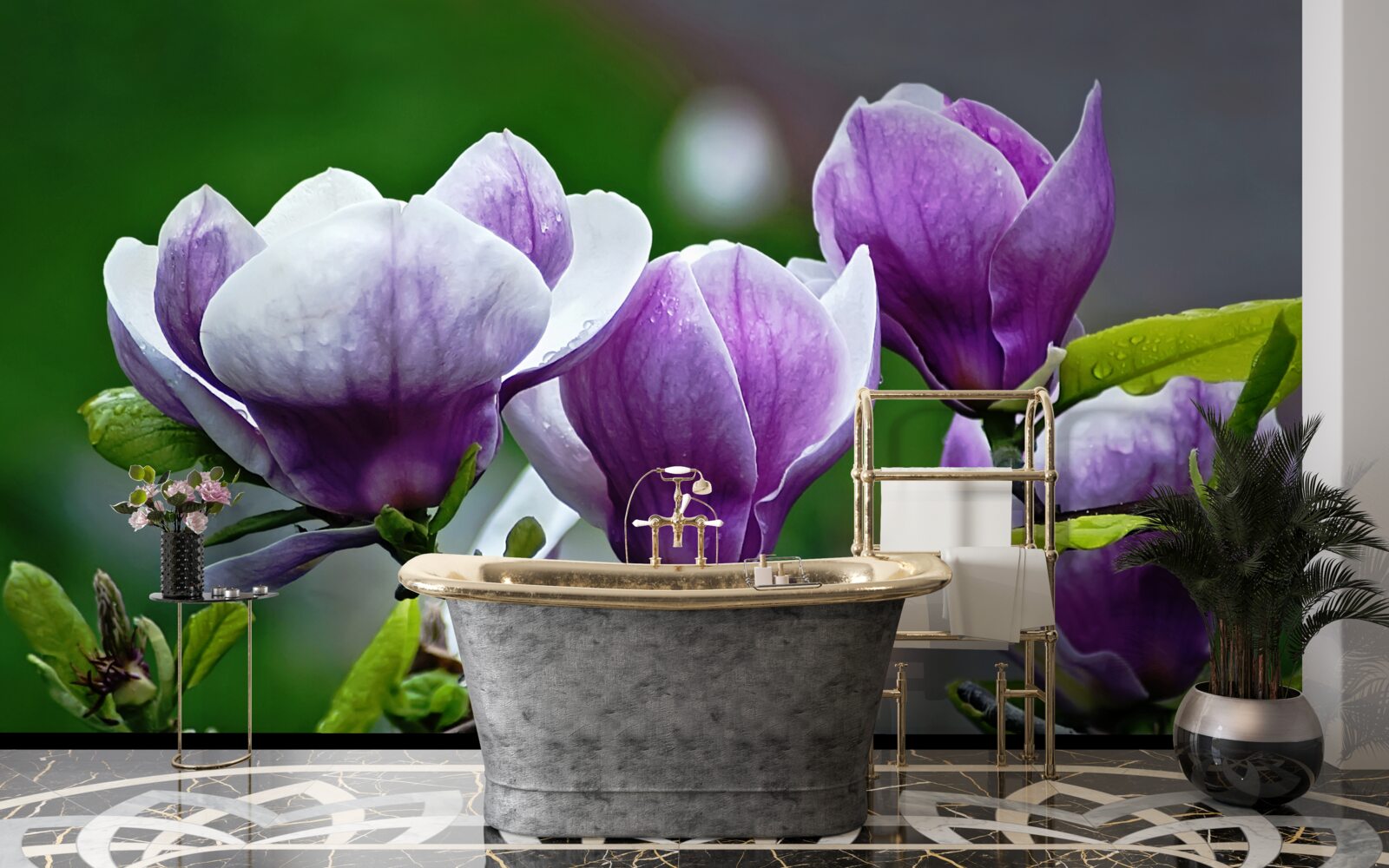 Fotobehang sierlijke bloemen op smaragdgroene stelen