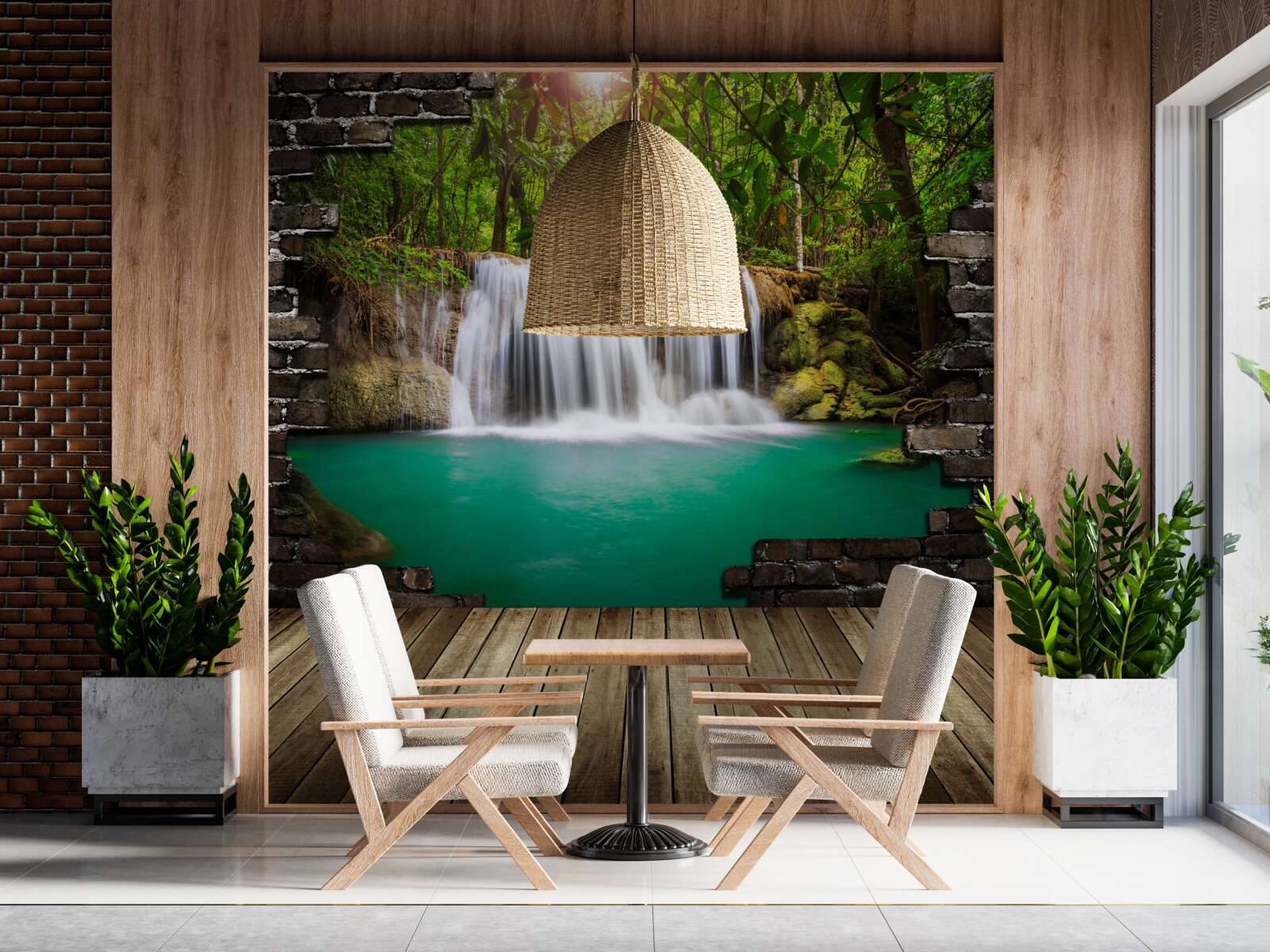 Fotobehang waterval die naar beneden stort bij een houten brug