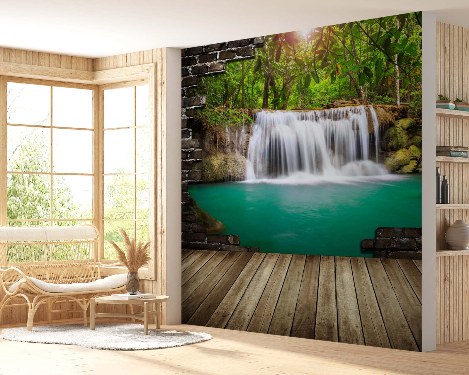 Fotobehang waterval die naar beneden stort bij een houten brug