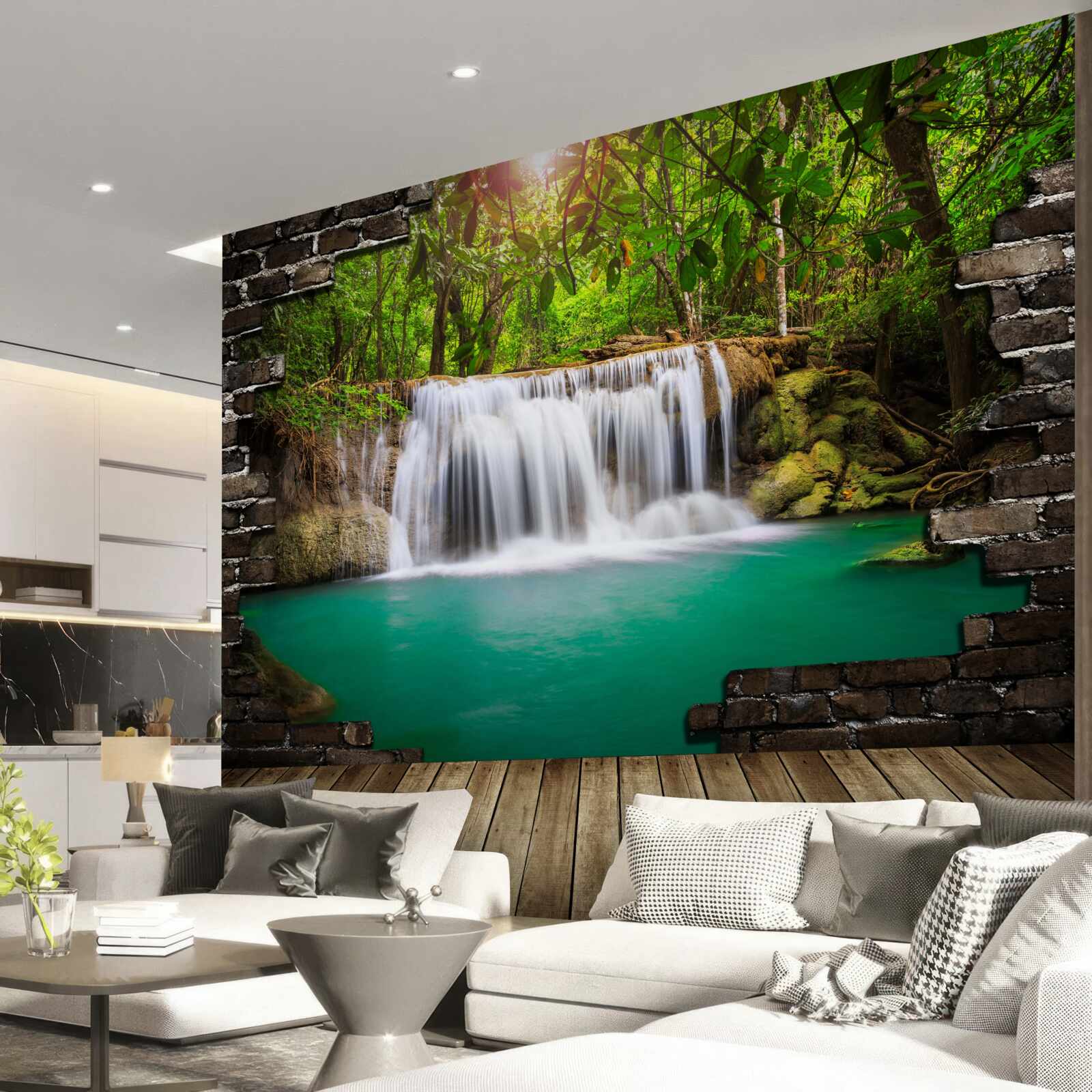 Fotobehang waterval die naar beneden stort bij een houten brug