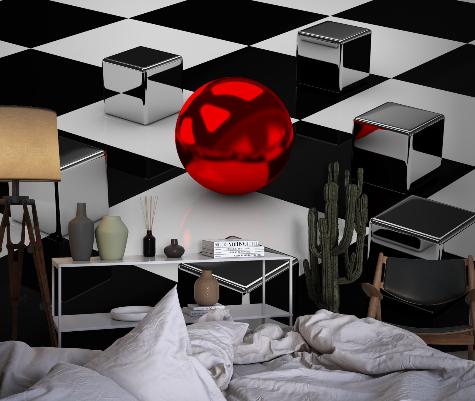 Fotobehang spiegel rechthoeken en rode bal