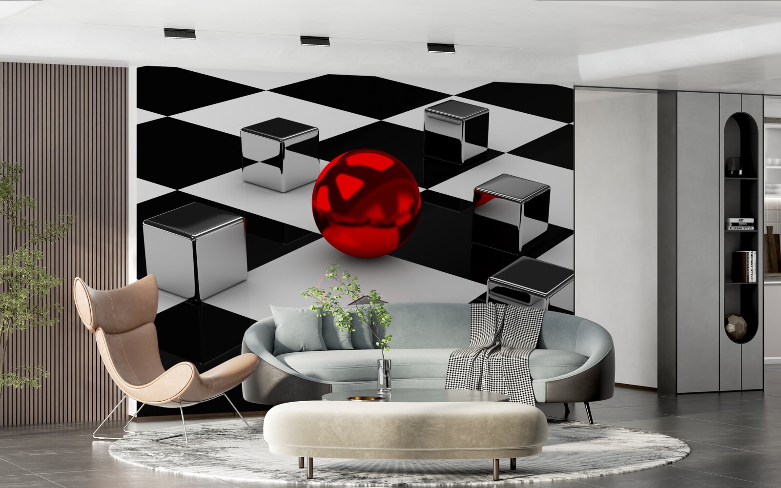 Fotobehang spiegel rechthoeken en rode bal