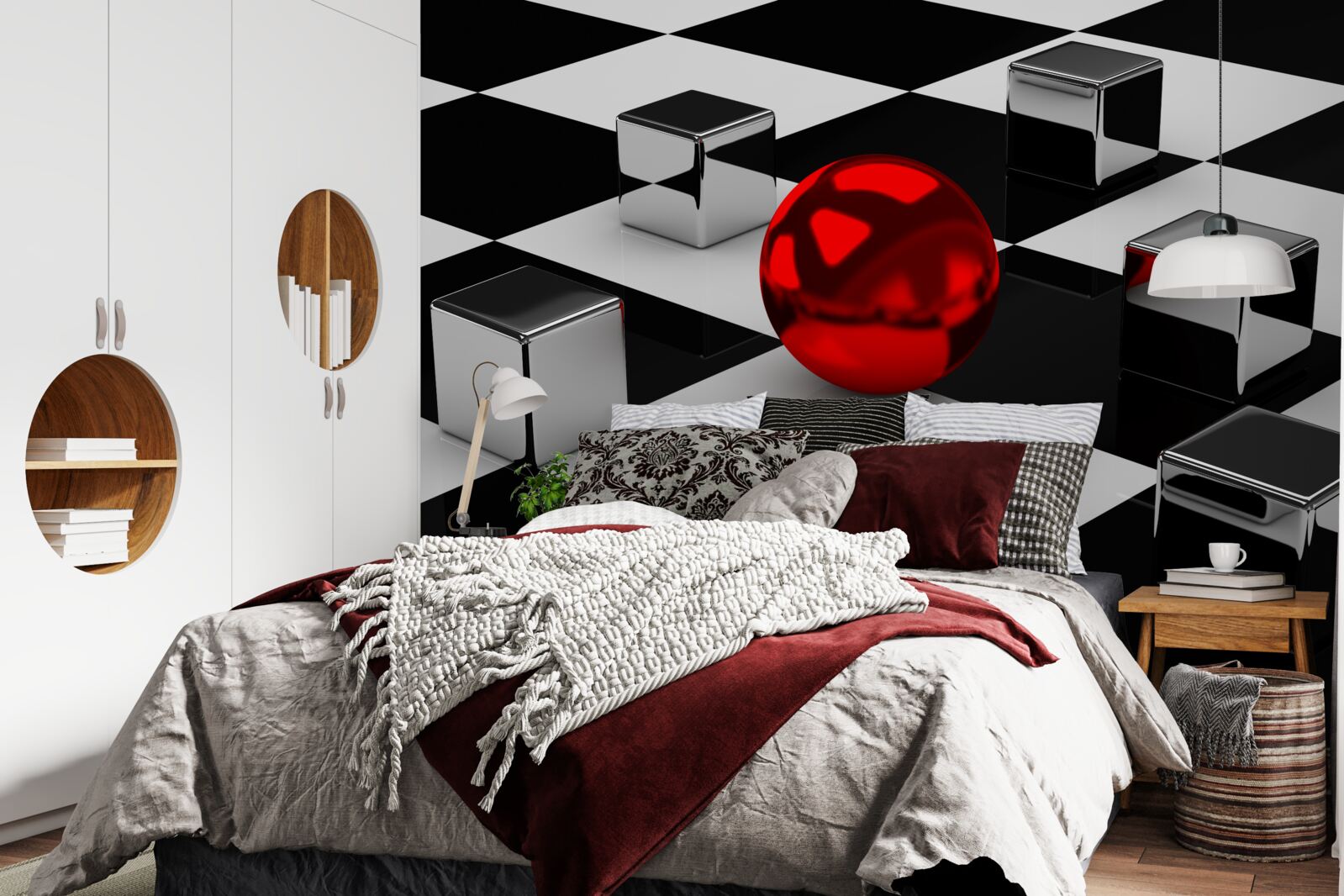 Fotobehang spiegel rechthoeken en rode bal